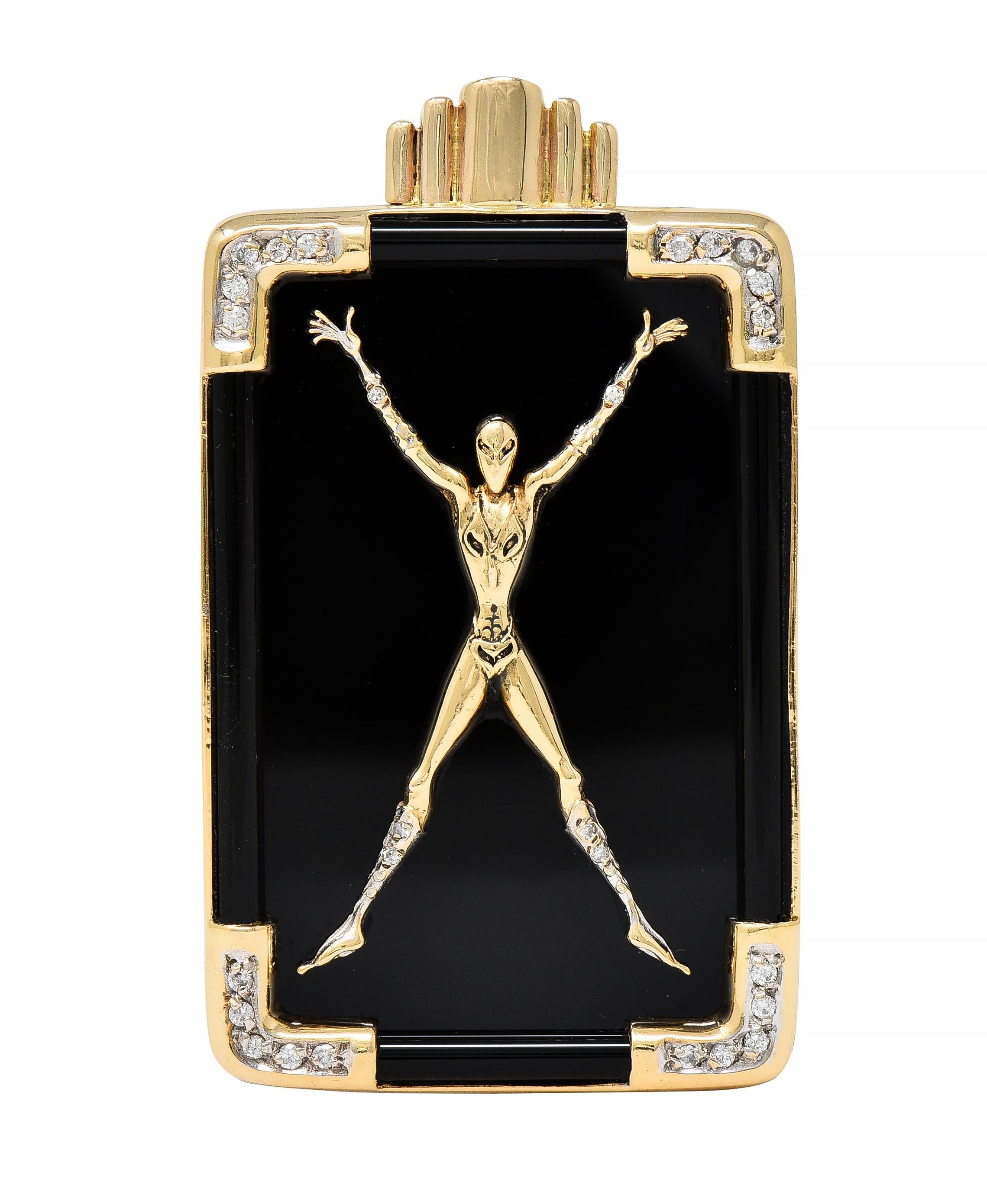 Erté 14 Karat Yellow Gold Diamond Onyx Alien "X" Alphabet 9 Brooch
