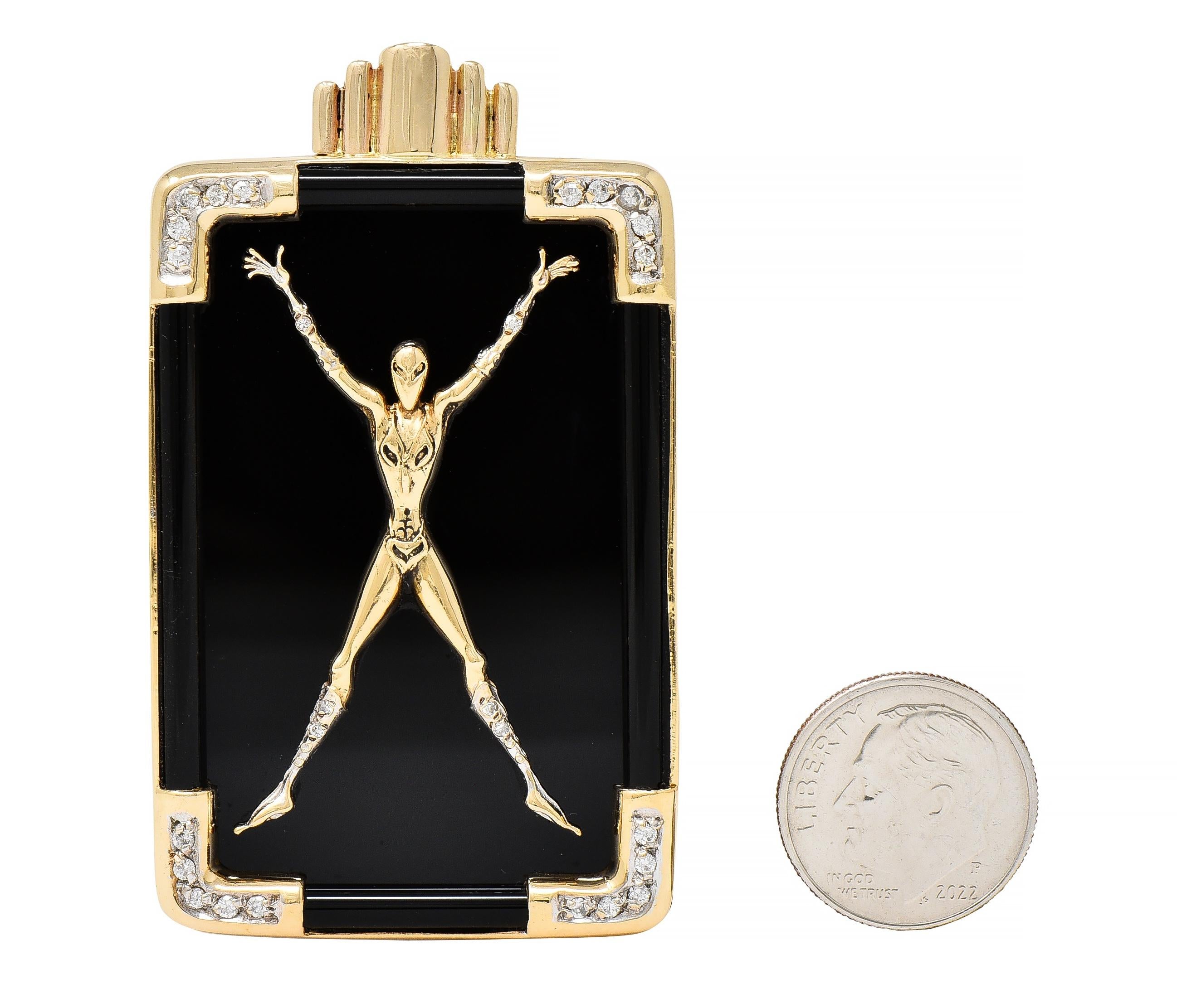 Erté 14 Karat Yellow Gold Diamond Onyx Alien "X" Alphabet 9 Brooch
