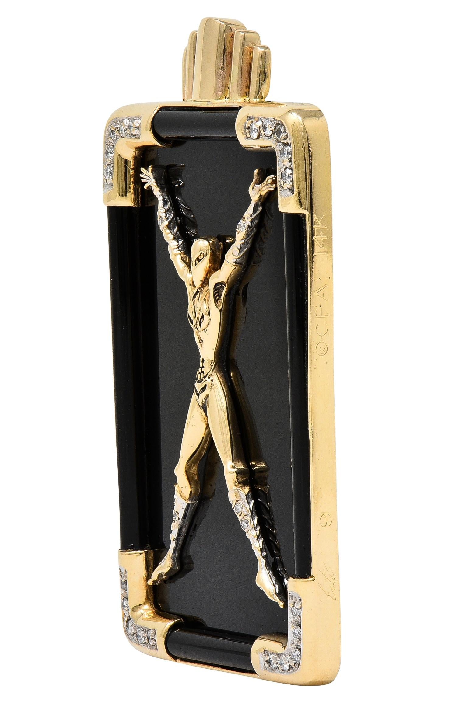 Erté 14 Karat Yellow Gold Diamond Onyx Alien "X" Alphabet 9 Brooch