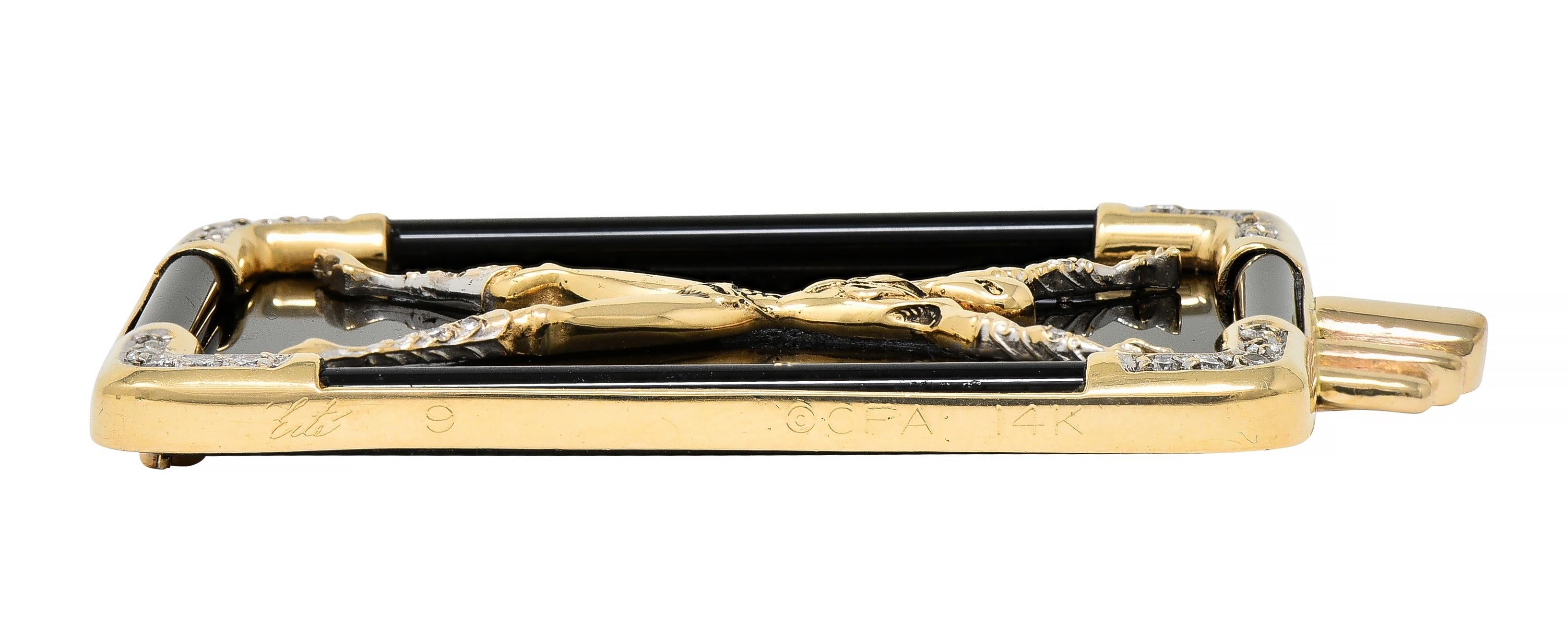 Erté 14 Karat Yellow Gold Diamond Onyx Alien "X" Alphabet 9 Brooch