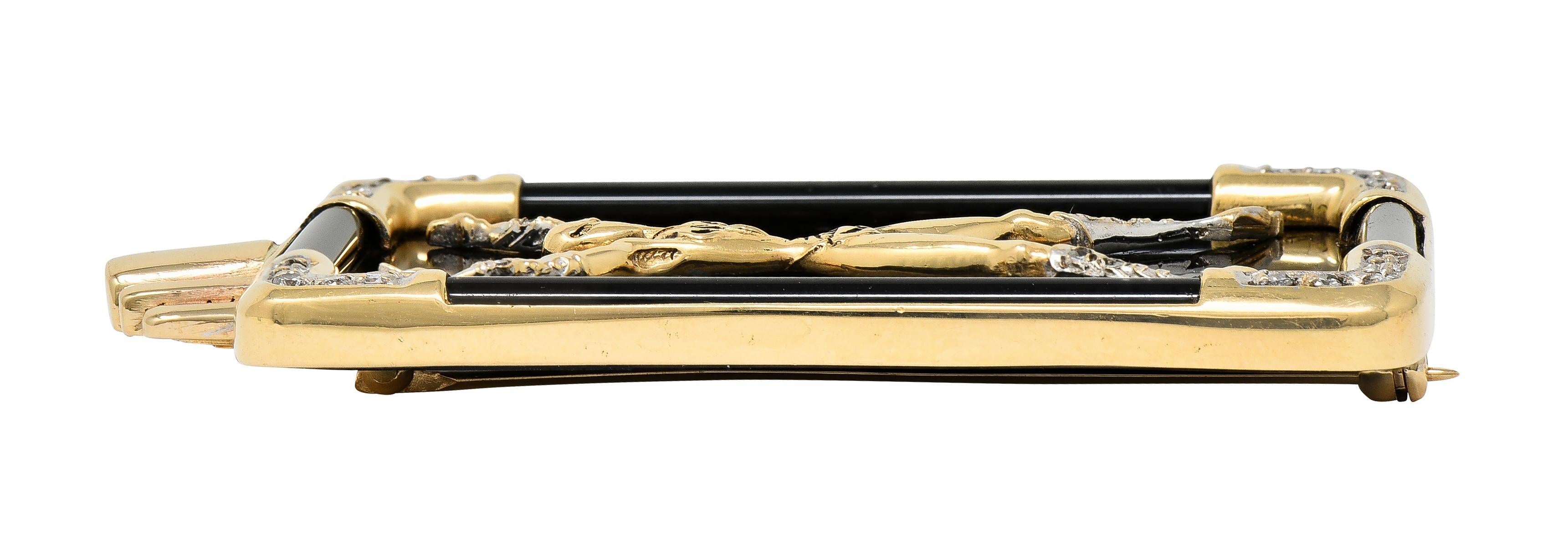 Erté 14 Karat Yellow Gold Diamond Onyx Alien "X" Alphabet 9 Brooch