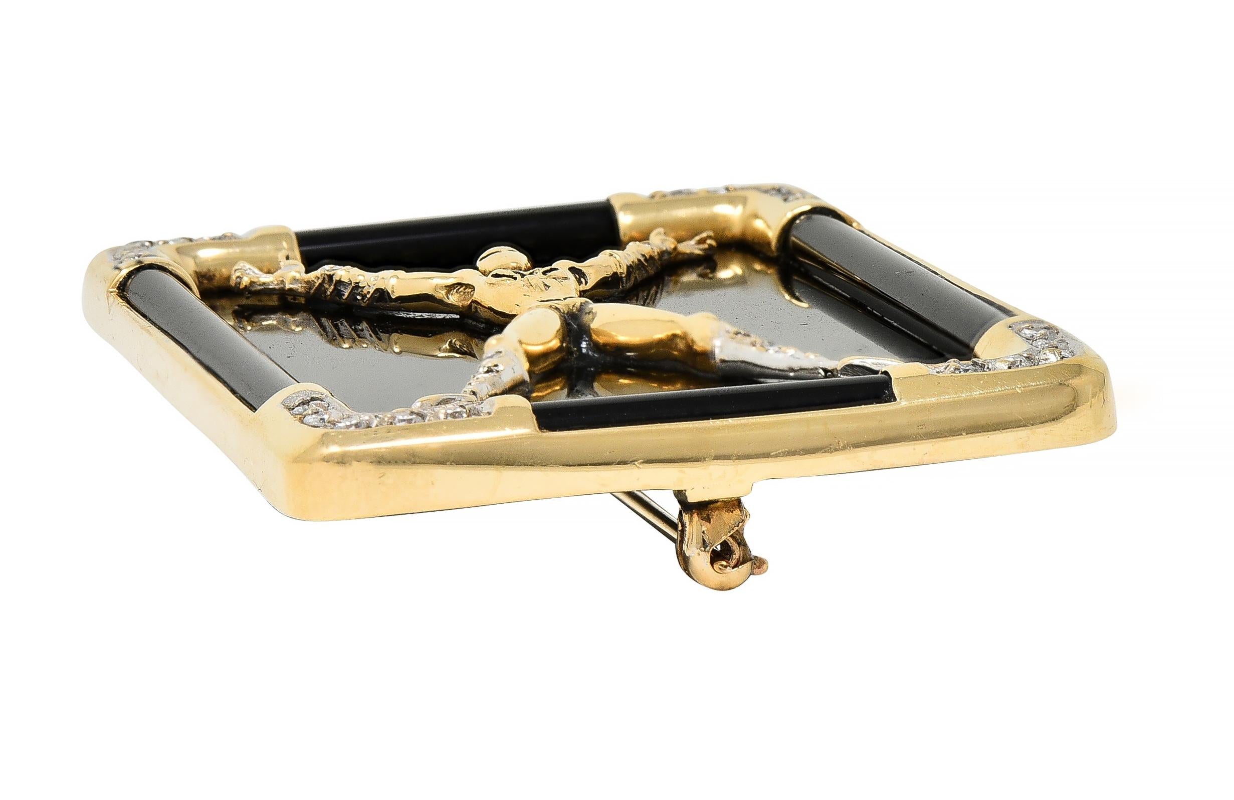 Erté 14 Karat Yellow Gold Diamond Onyx Alien "X" Alphabet 9 Brooch