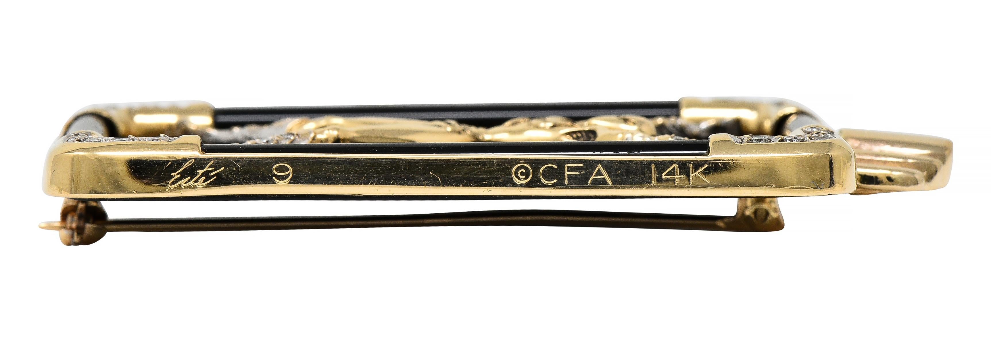 Erté 14 Karat Yellow Gold Diamond Onyx Alien "X" Alphabet 9 Brooch