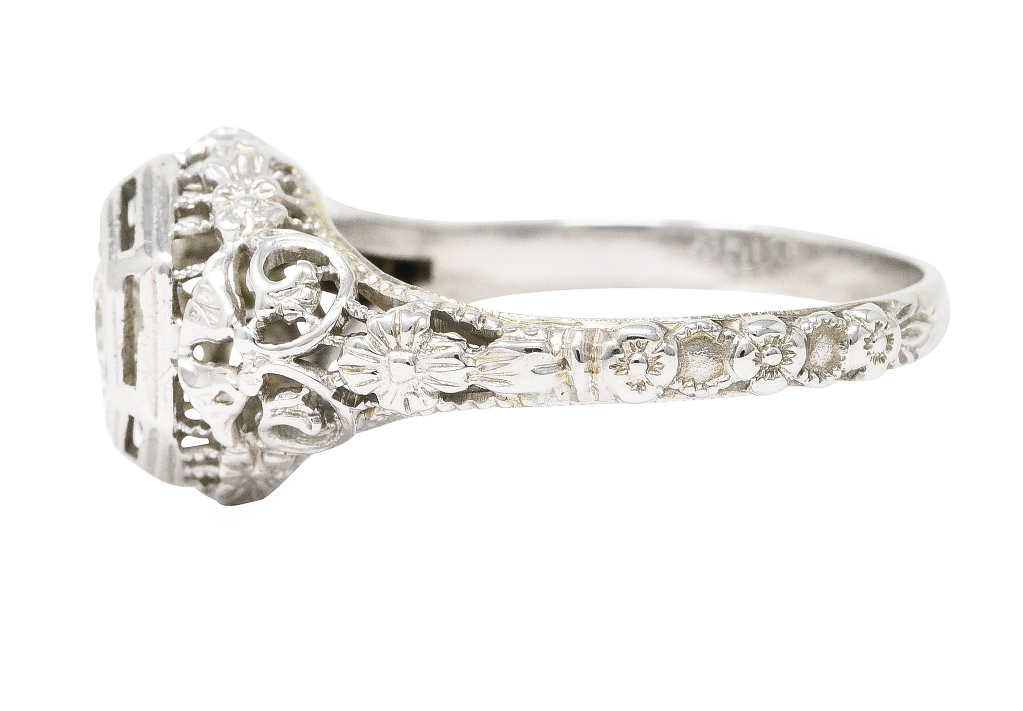 Art Deco 0.25 CTW Old European Cut Diamond 18 Karat White Gold Scrolling Orange Blossom Engagement Ring Wilson's Estate Jewelry