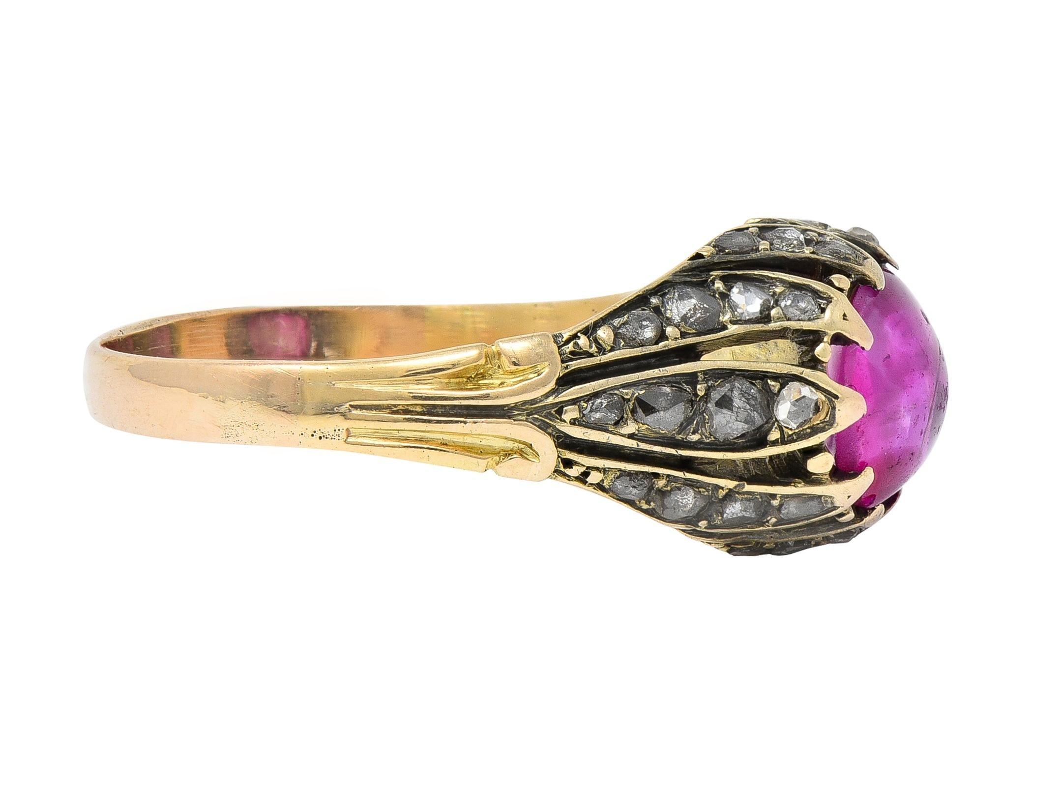 Victorian Cabochon Ruby Diamond 14 Karat Yellow Gold Foliate Antique Ring