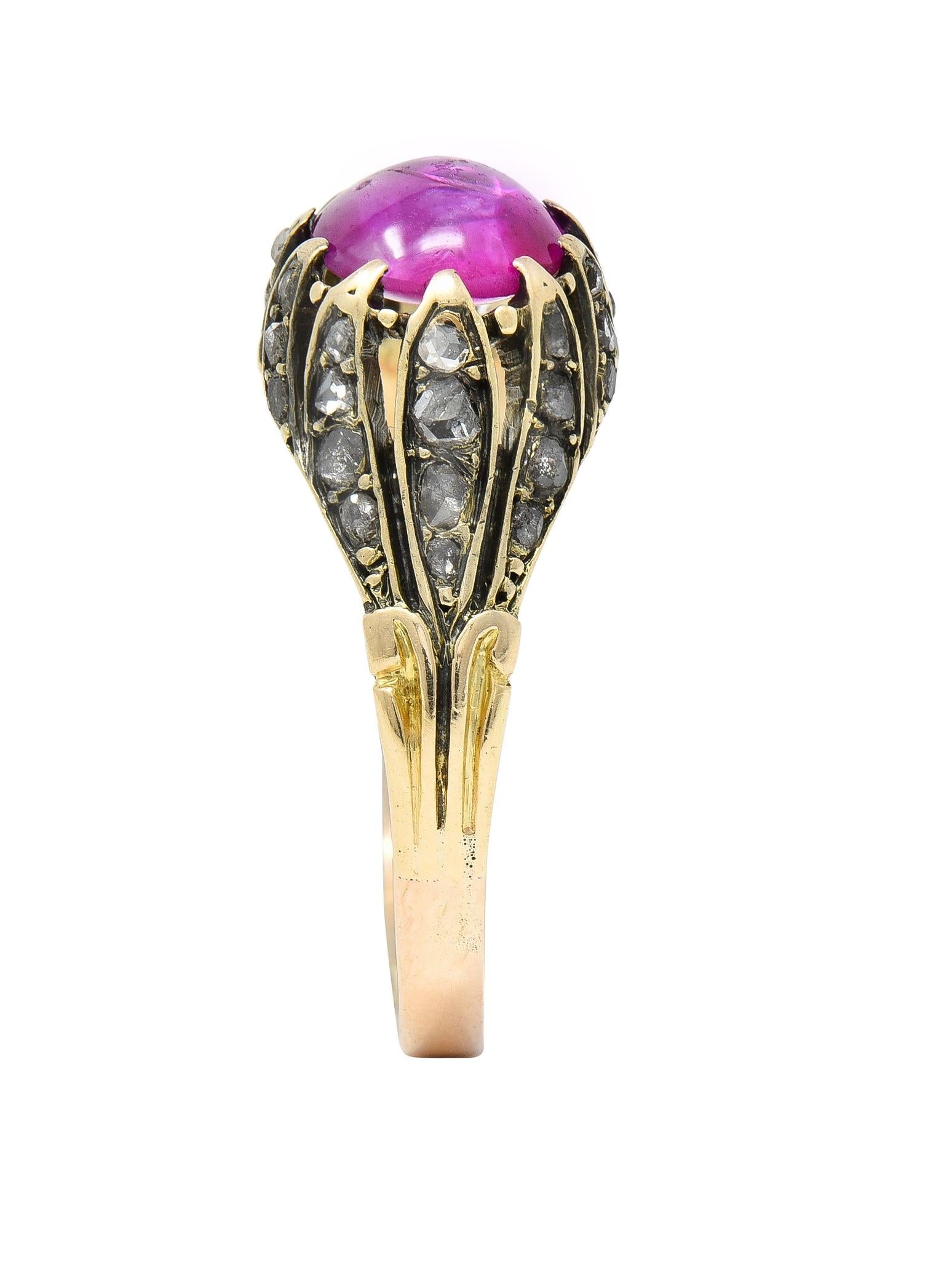 Victorian Cabochon Ruby Diamond 14 Karat Yellow Gold Foliate Antique Ring