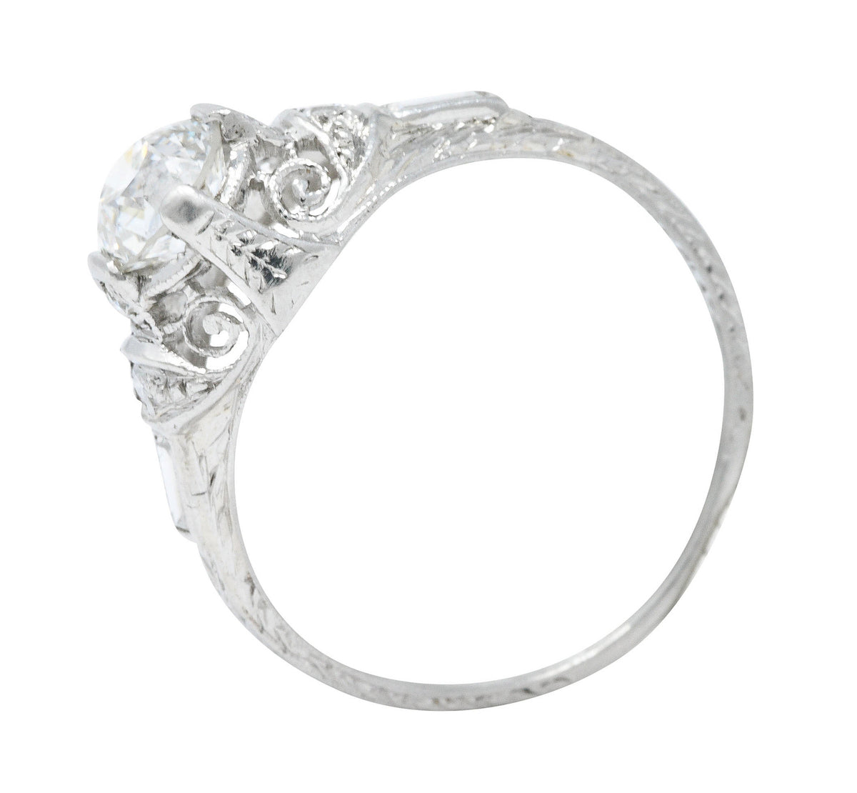 Art Deco 1.09 CTW Diamond Platinum Scrolled Volute Engagement Ring GIARing - Wilson's Estate Jewelry