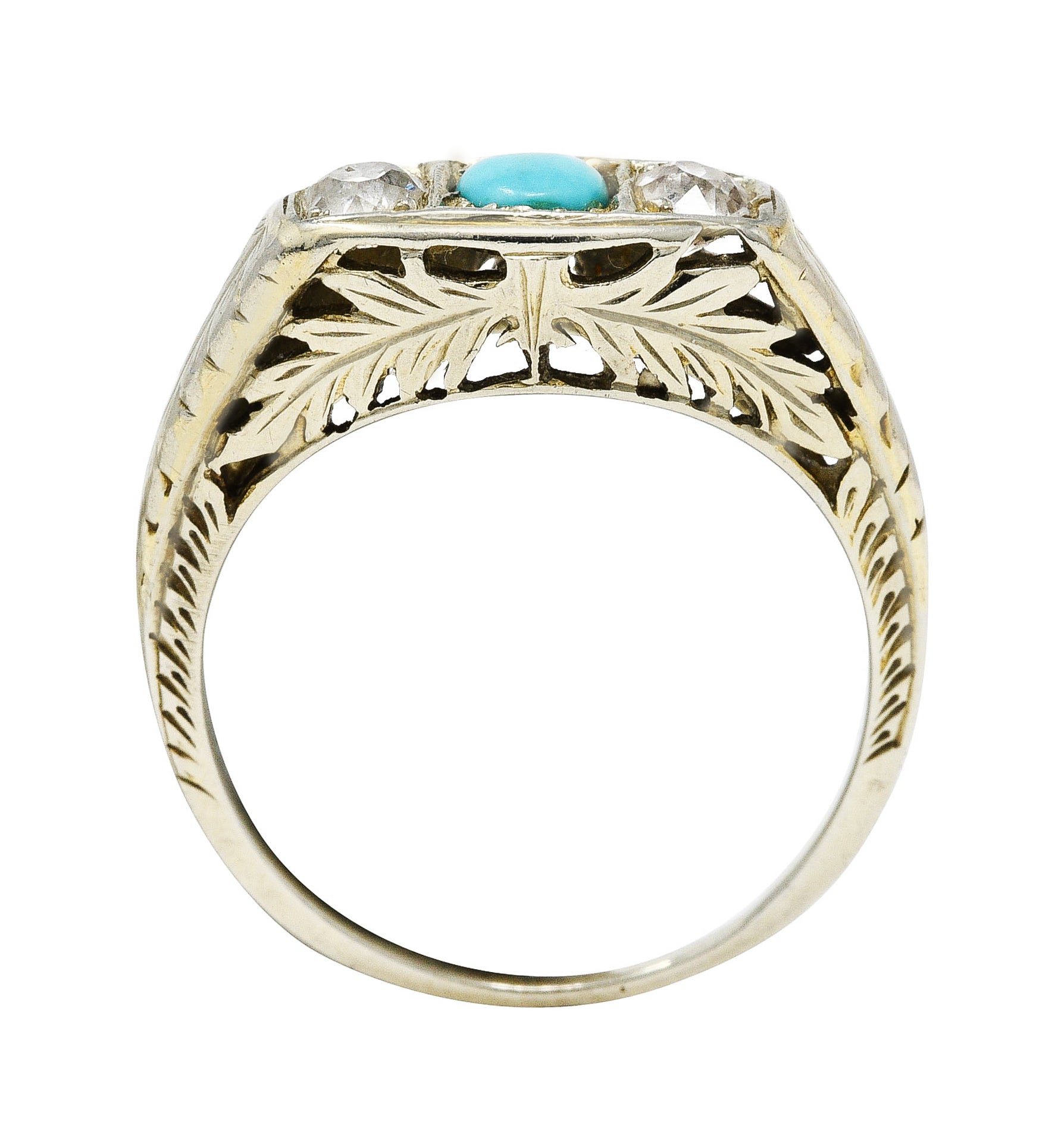 Art Deco Diamond Turquoise 14 Karat White Gold Three Stone RingRing - Wilson's Estate Jewelry