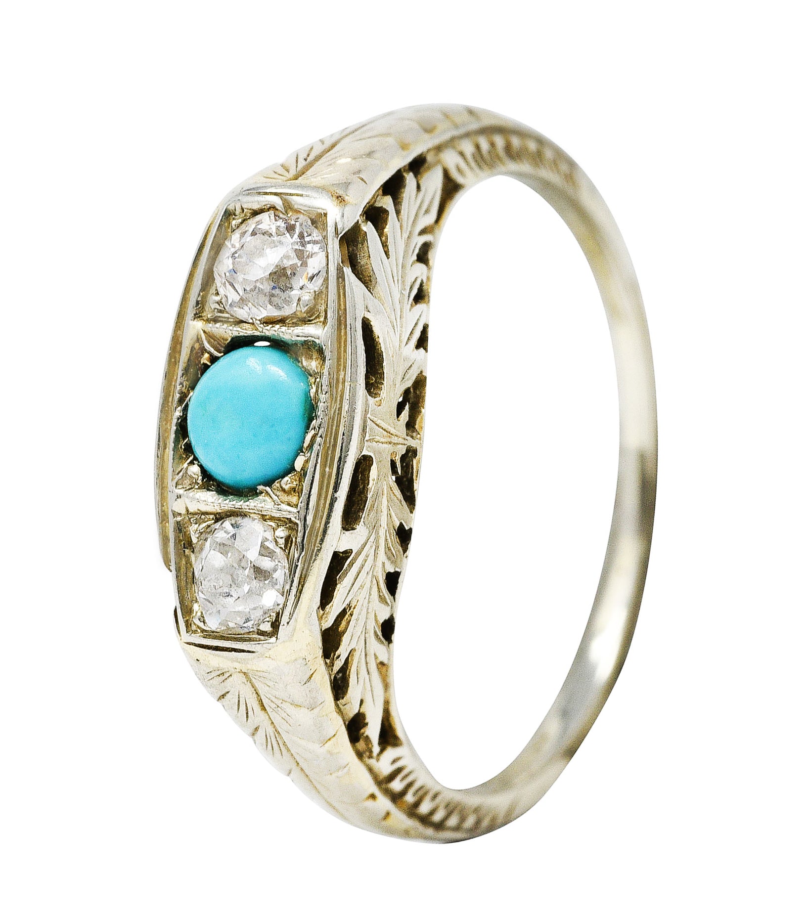 Art Deco Diamond Turquoise 14 Karat White Gold Three Stone RingRing - Wilson's Estate Jewelry