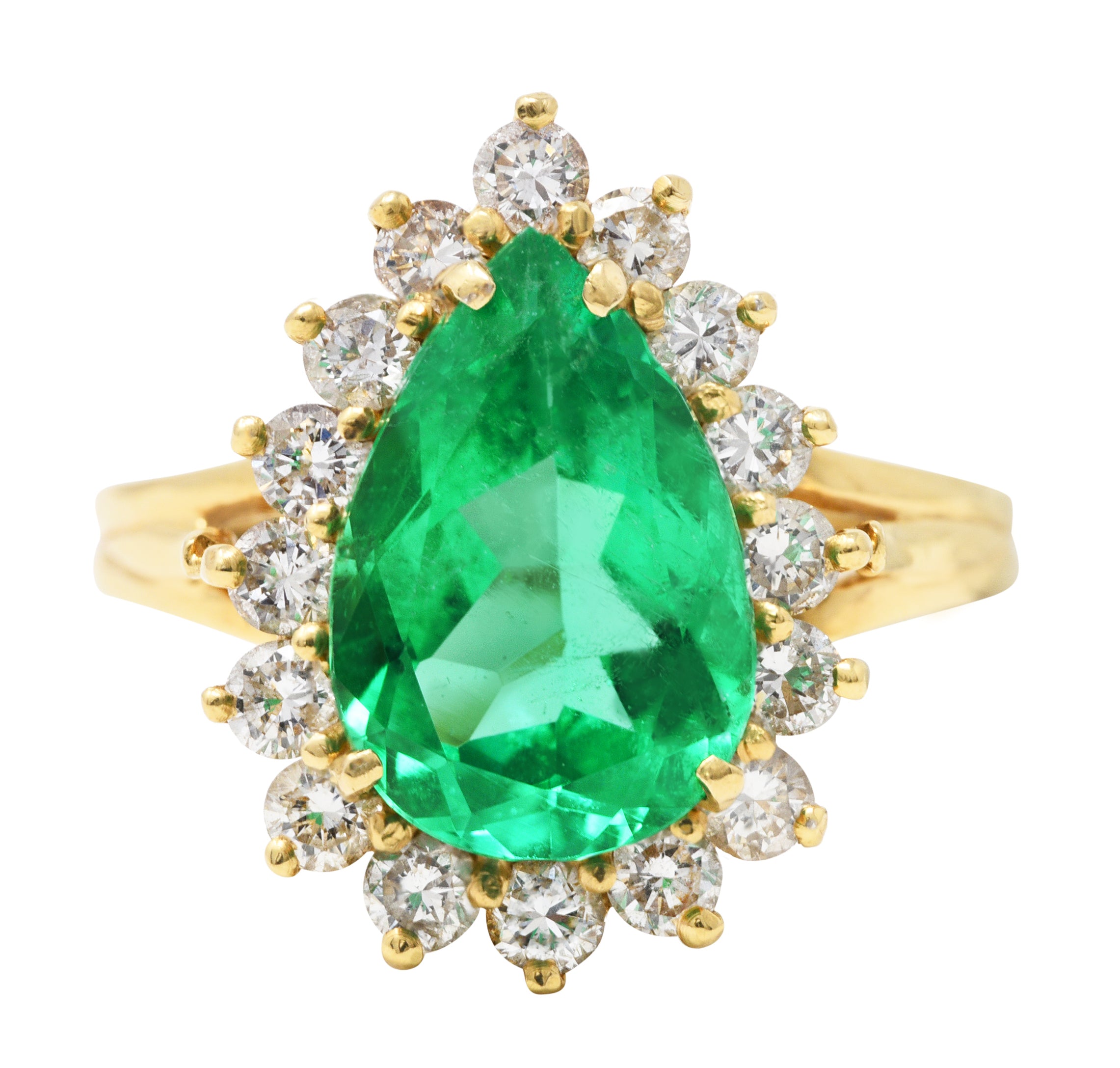 Vintage 4.34 CTW Pear Cut Columbian Emerald Diamond 14 Karat Yellow Gold Halo Ring GIA Wilson's Estate Jewelry