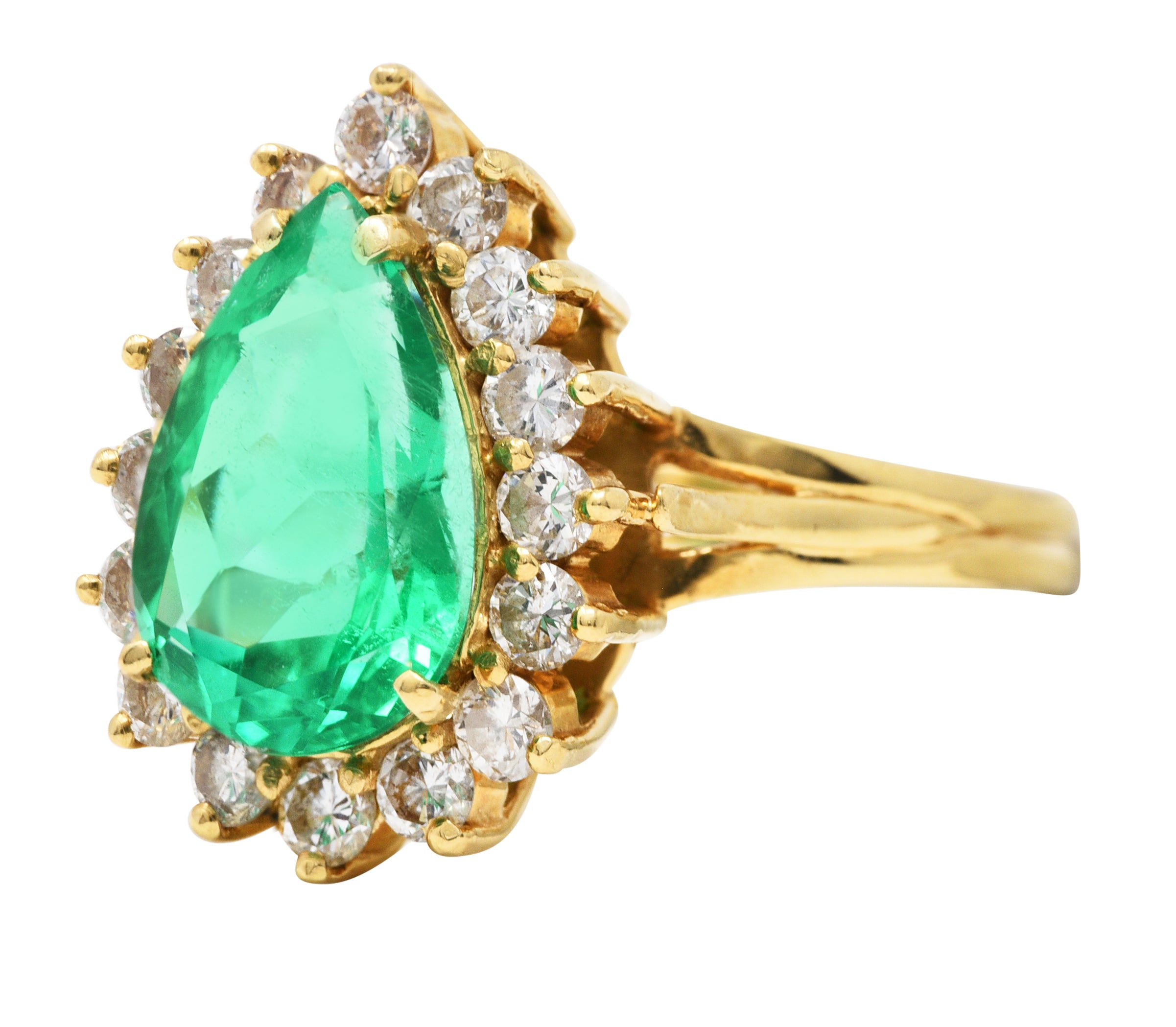 Vintage 4.34 CTW Pear Cut Columbian Emerald Diamond 14 Karat Yellow Gold Halo Ring GIA Wilson's Estate Jewelry