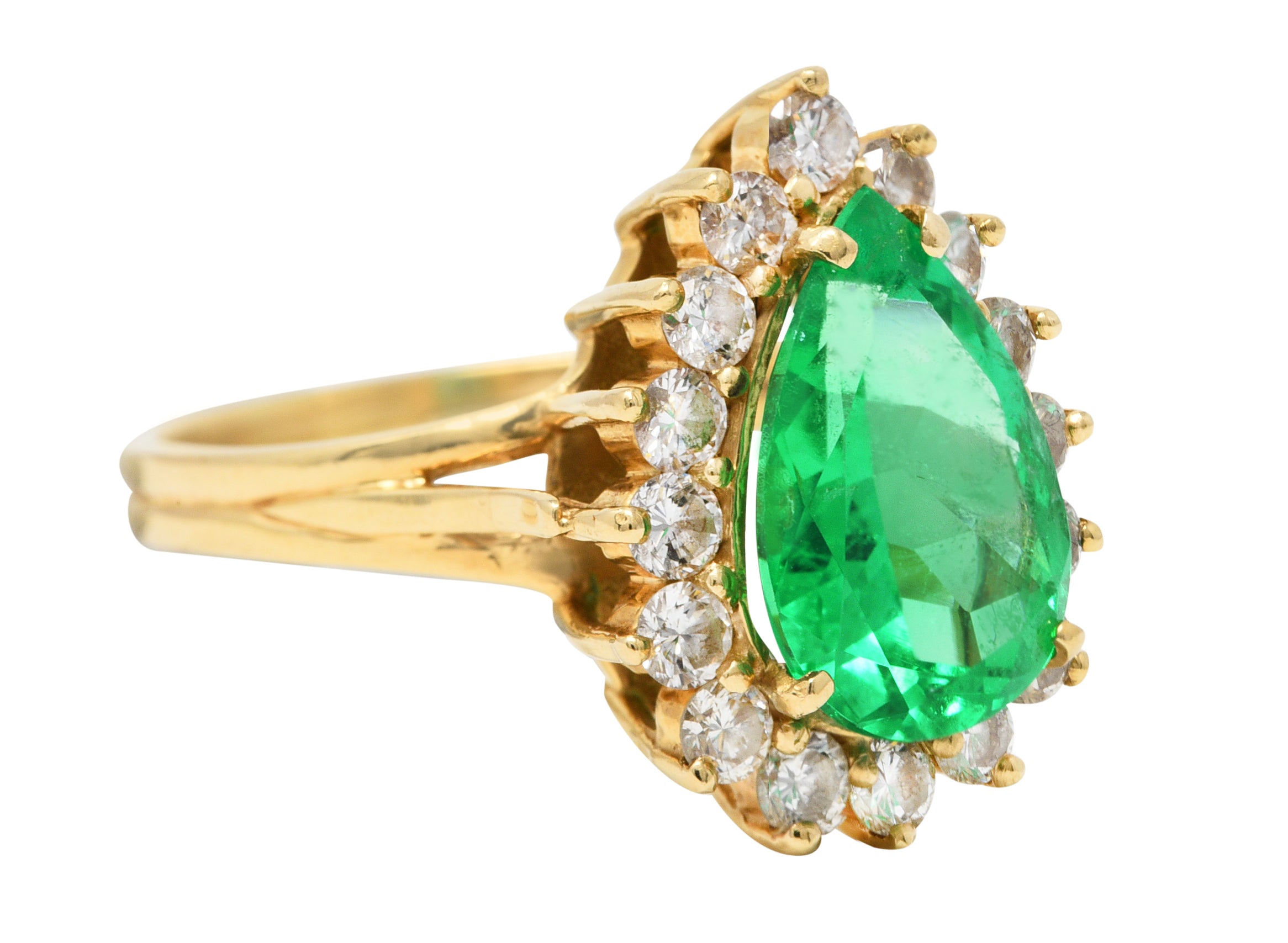 Vintage 4.34 CTW Pear Cut Columbian Emerald Diamond 14 Karat Yellow Gold Halo Ring GIA Wilson's Estate Jewelry