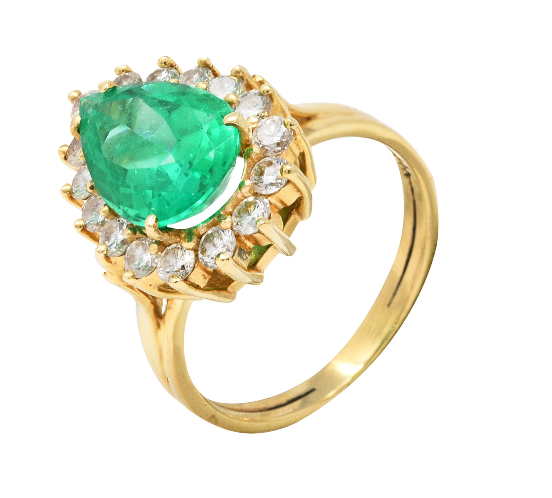 Vintage 4.34 CTW Pear Cut Columbian Emerald Diamond 14 Karat Yellow Gold Halo Ring GIA Wilson's Estate Jewelry