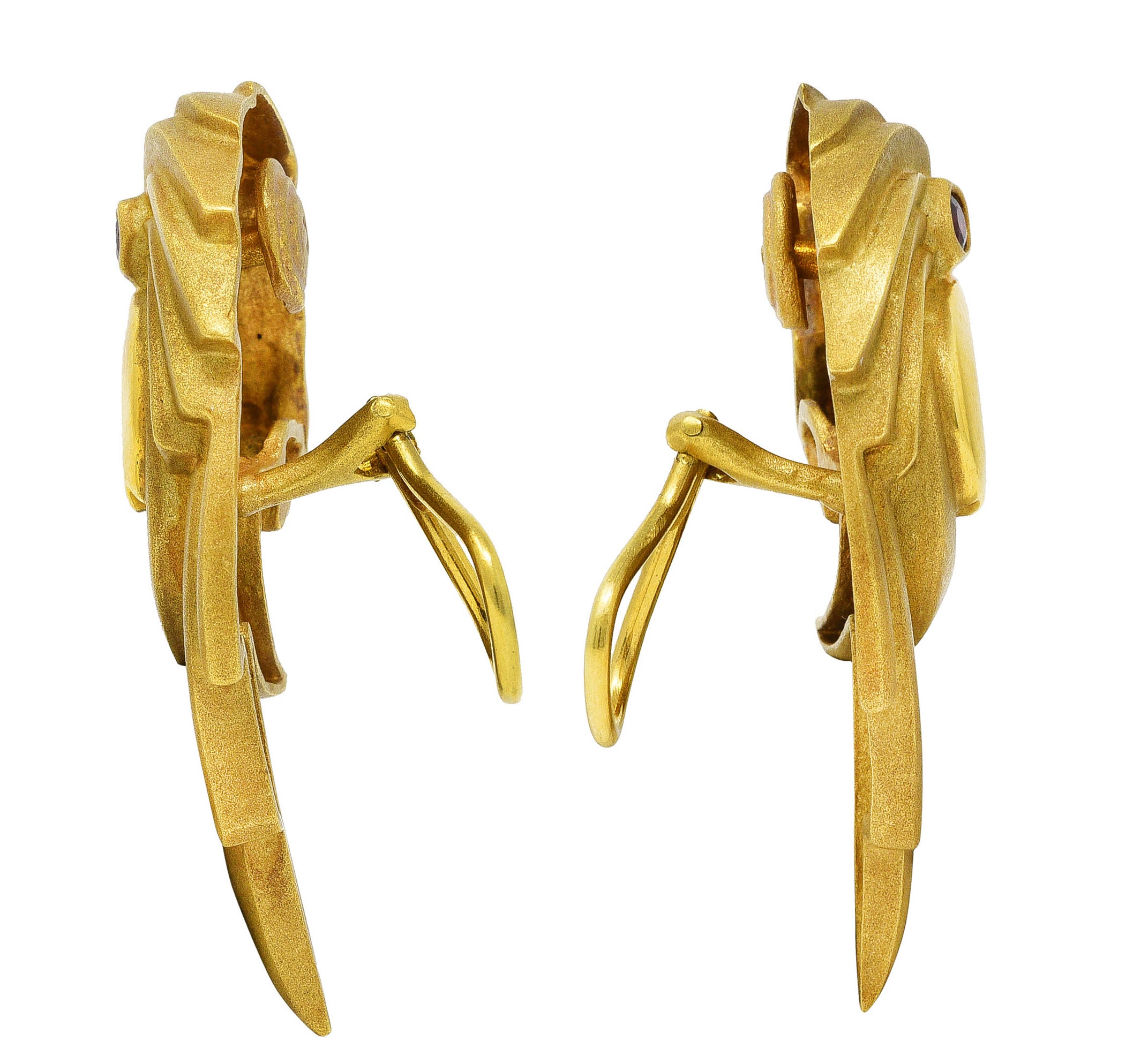 Cameron Designs Modernist Ruby 18 Karat Yellow Gold Geometric Lion Earrings Wilson's Estate Jewelry