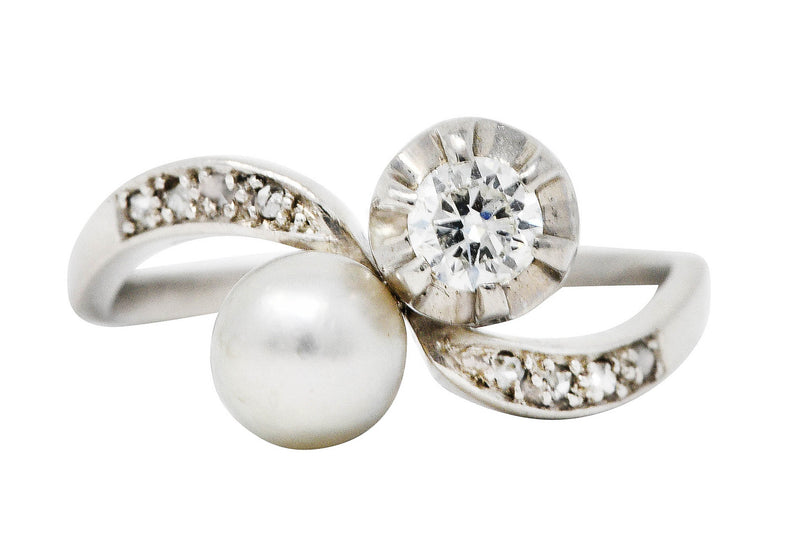1920's Art Deco Diamond Pearl Platinum Toi Et Moi Bypass RingRing - Wilson's Estate Jewelry