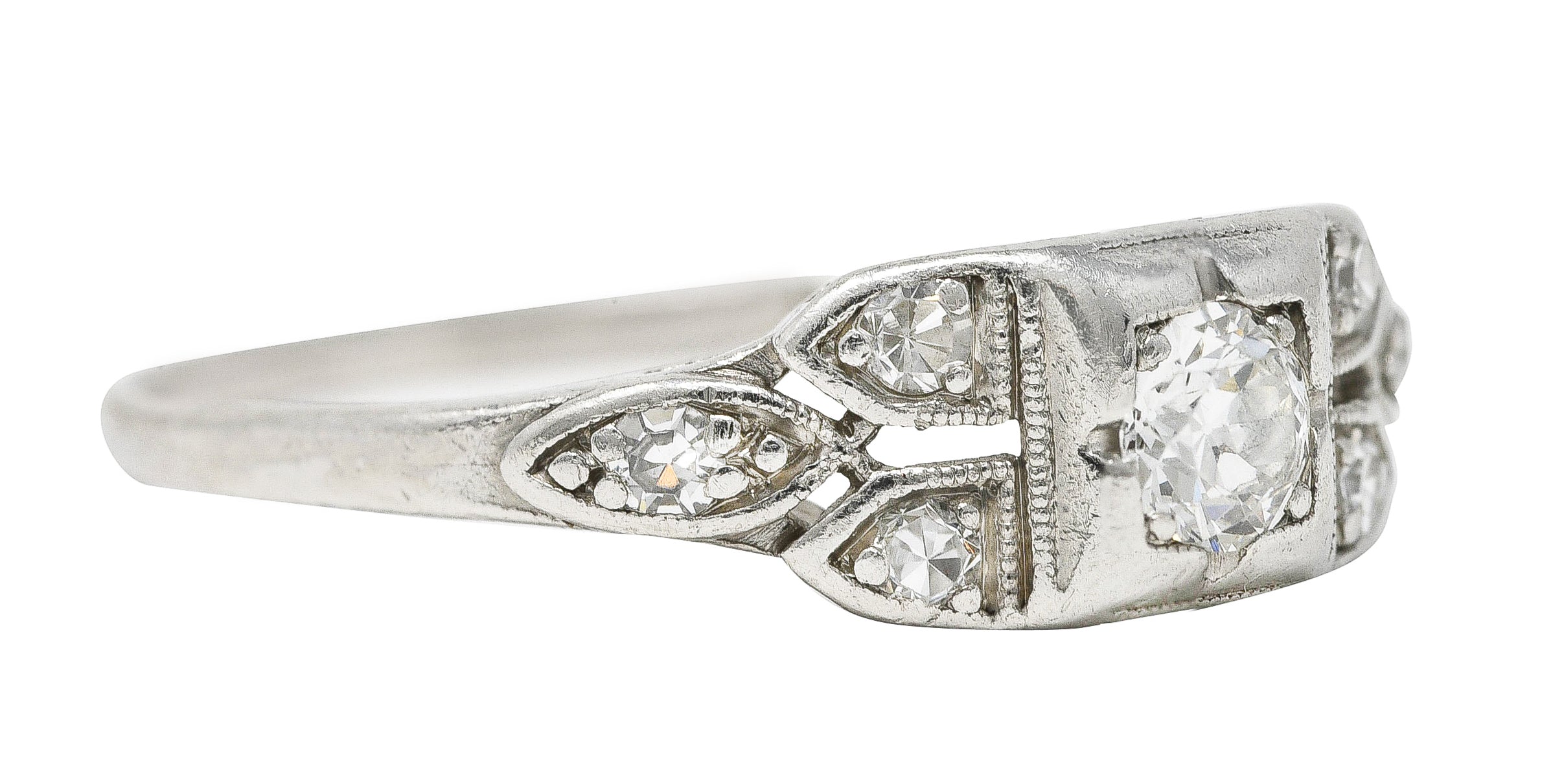 .11111 *Wheeler & Co. 0.32 CTW Late Art Deco Old European Cut Diamond Platinum Foliate Engagement Ring Wilson's Estate Jewelry
