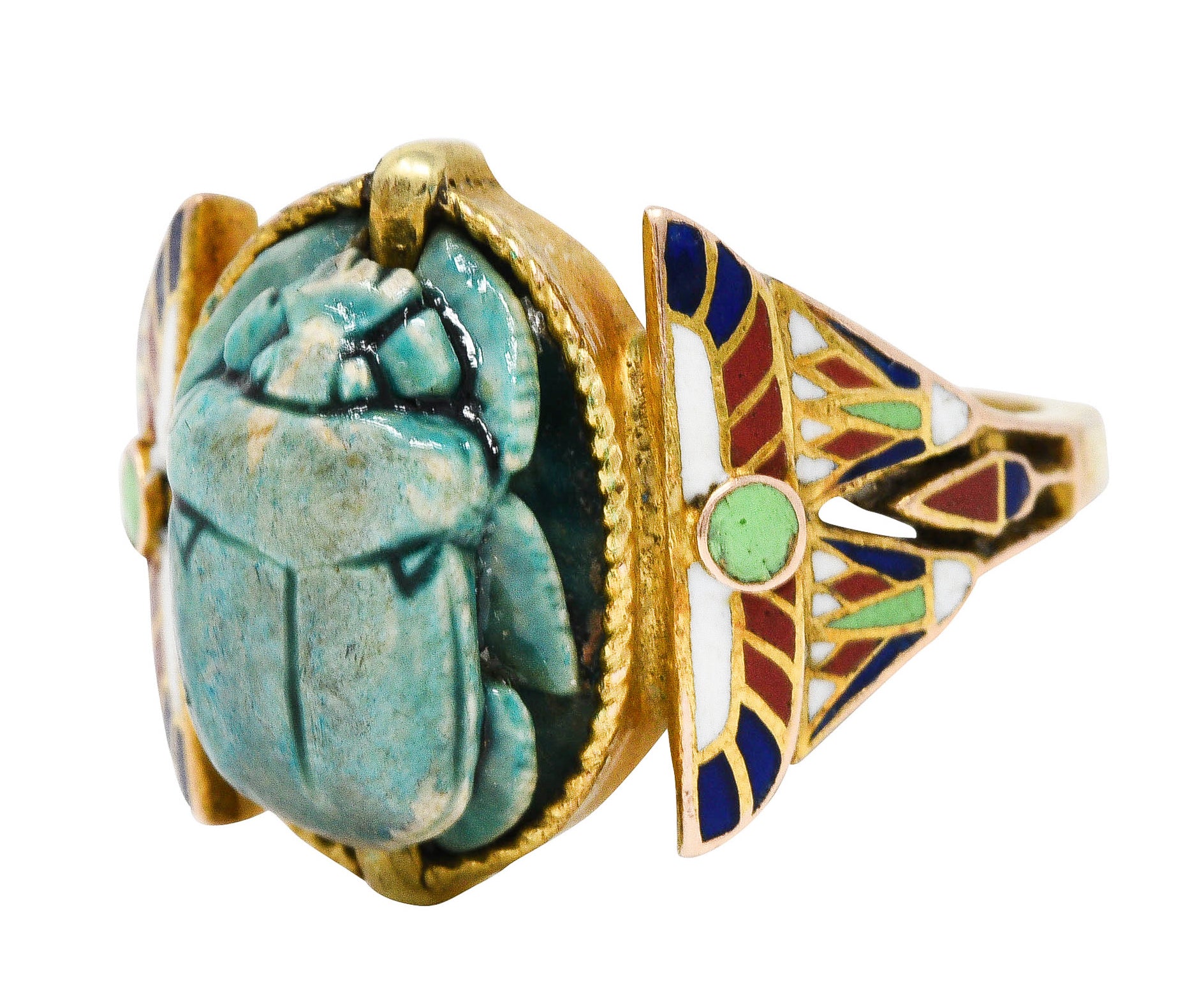 Art Deco Egyptian Revival Enamel Hardstone 14 Karat Gold Scarab RingRing - Wilson's Estate Jewelry