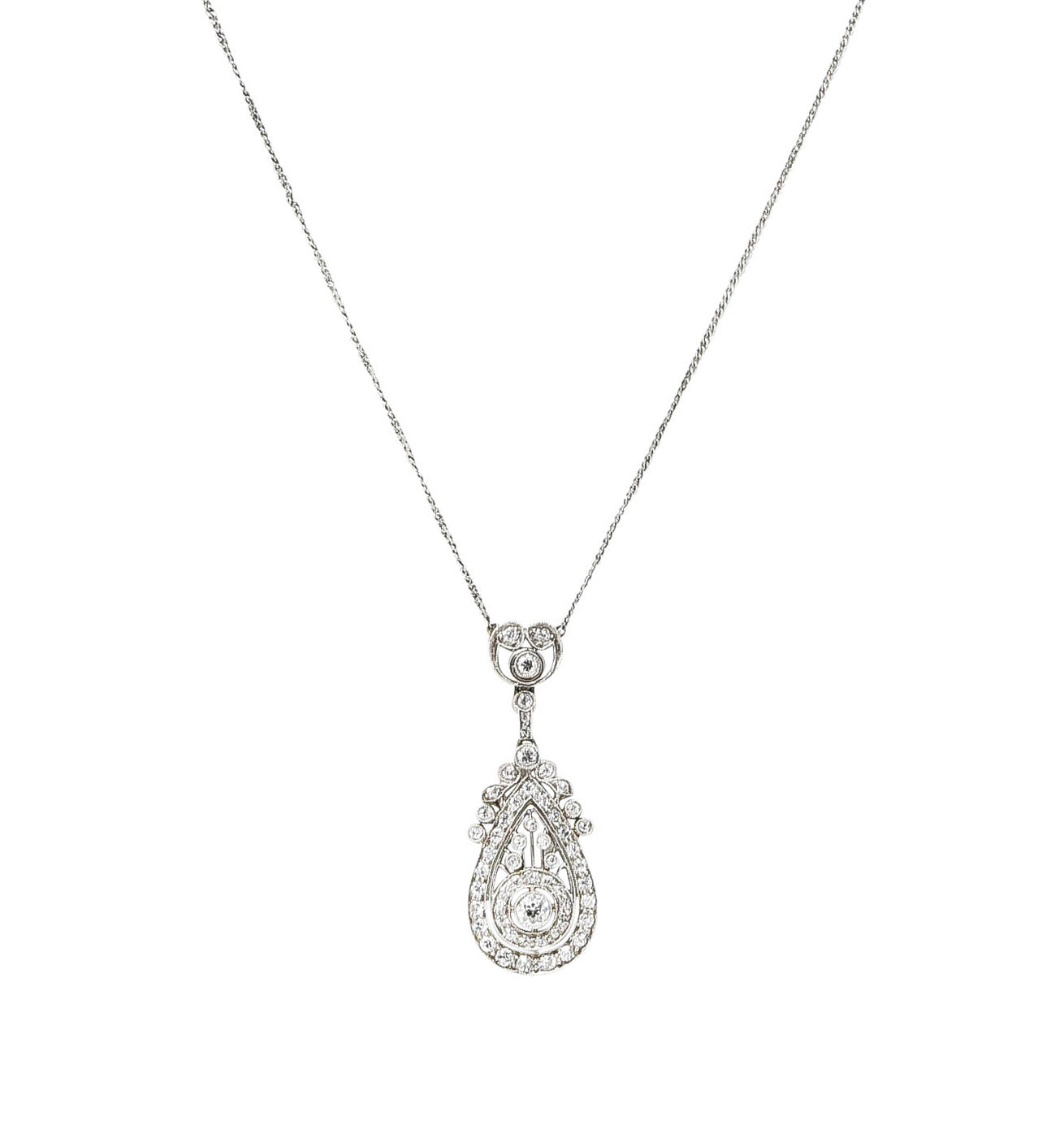 1910 Edwardian 1.00 CTW Diamond Platinum Drop NecklaceNecklace - Wilson's Estate Jewelry