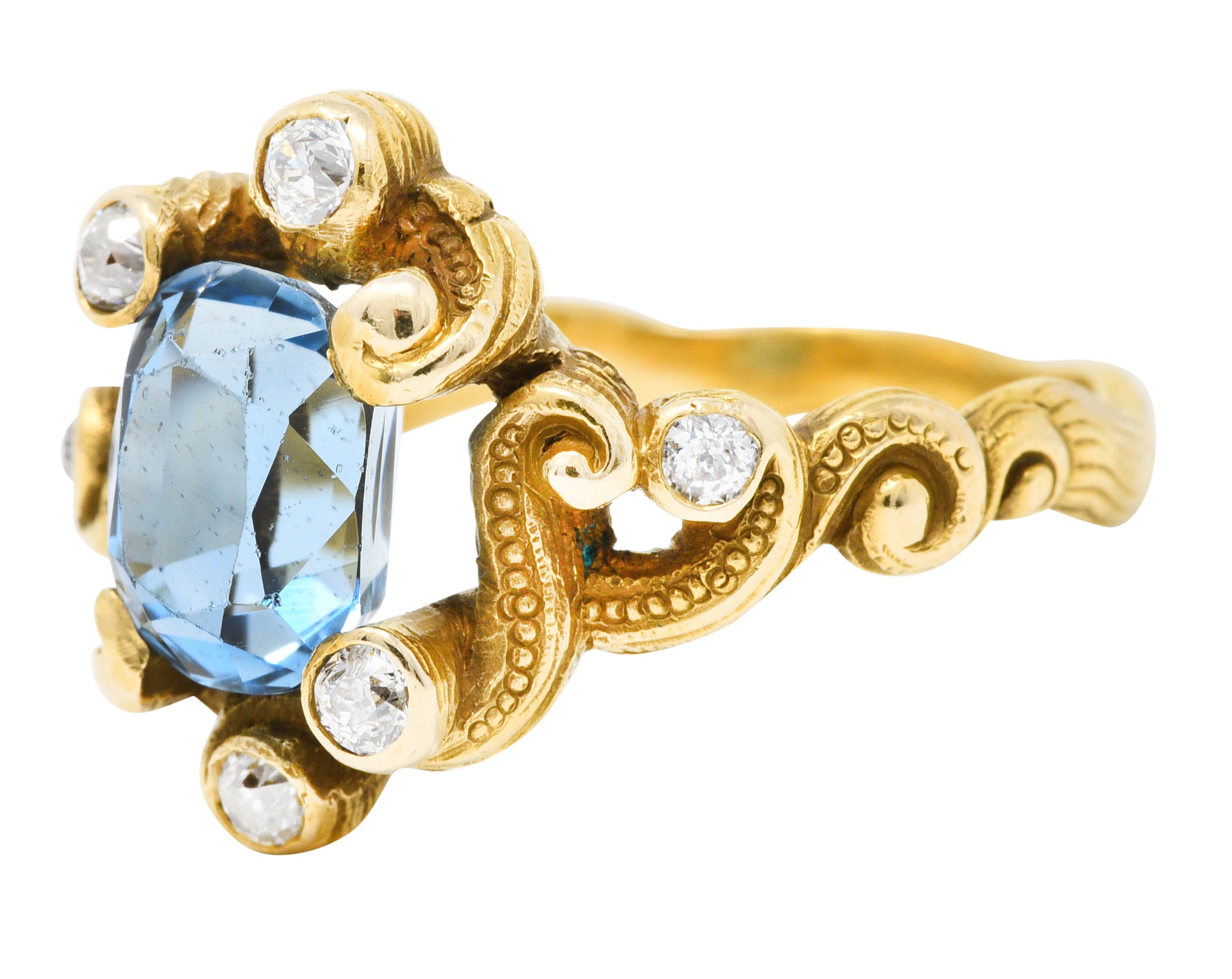 Art Nouveau 2.00 CTW Aquamarine Diamond 14 Karat Gold Whiplash RingRing - Wilson's Estate Jewelry