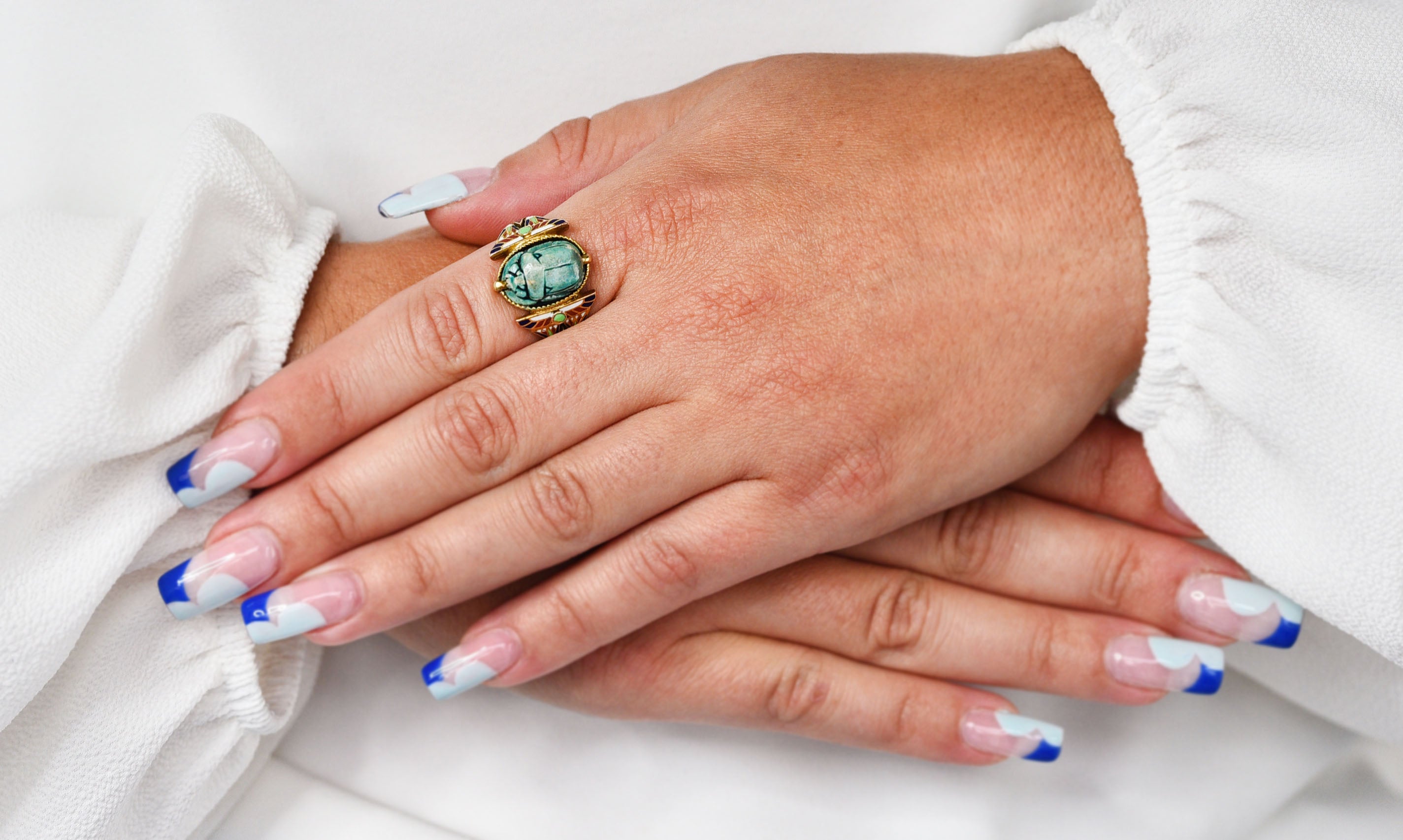 Art Deco Egyptian Revival Enamel Hardstone 14 Karat Gold Scarab RingRing - Wilson's Estate Jewelry