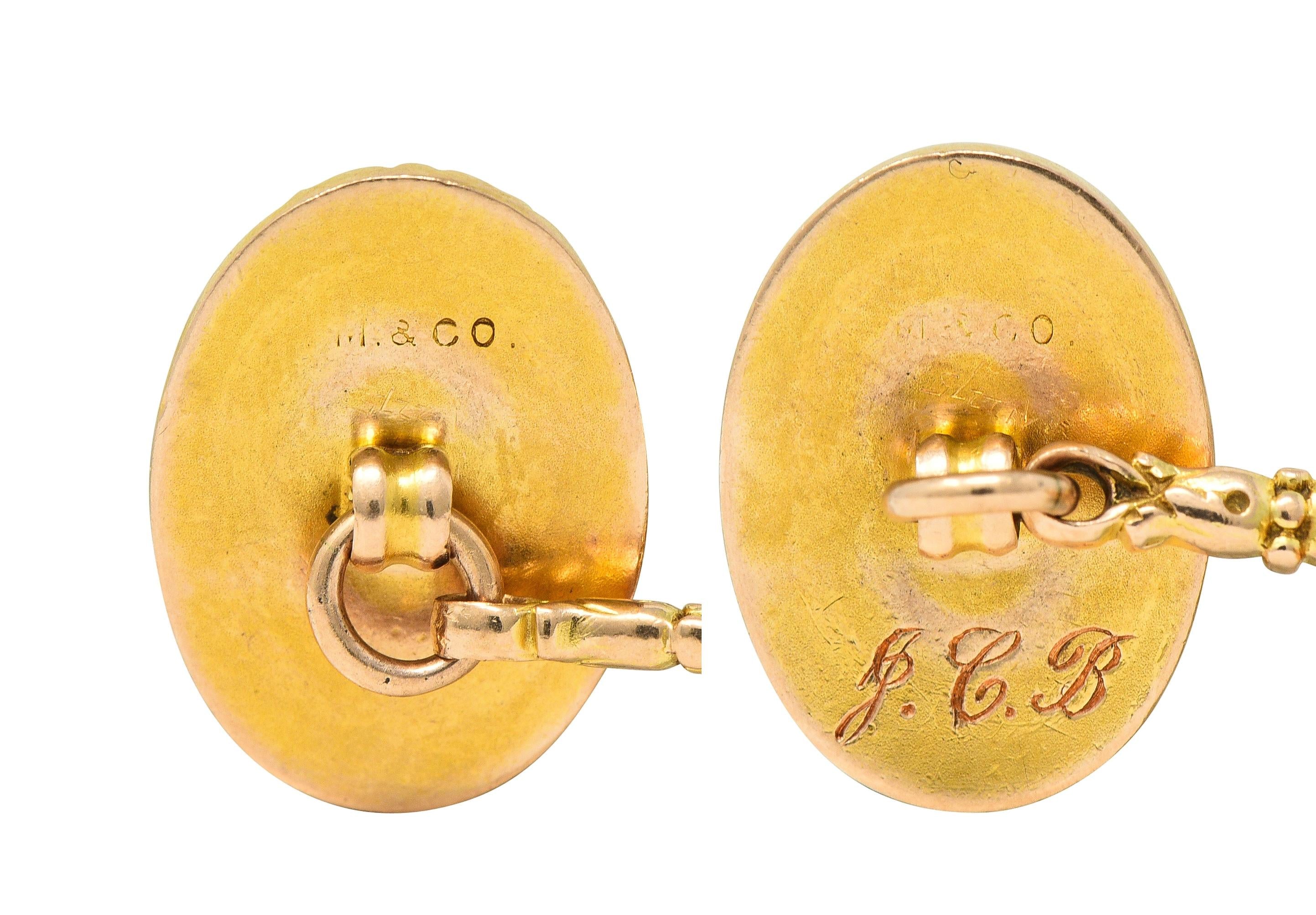 Marcus & Co. Art Deco Egyptian Revival Enamel 14 Karat Gold Antique Cufflinks