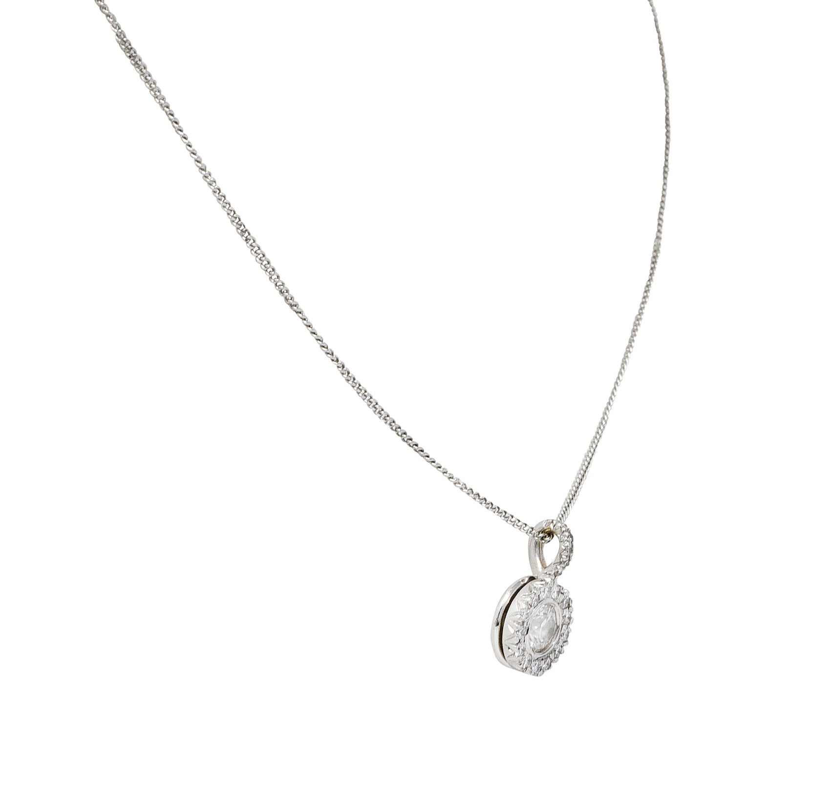 Contemporary 0.72 CTW Diamond 18 Karat White Gold Halo Pendant NecklaceNecklace - Wilson's Estate Jewelry