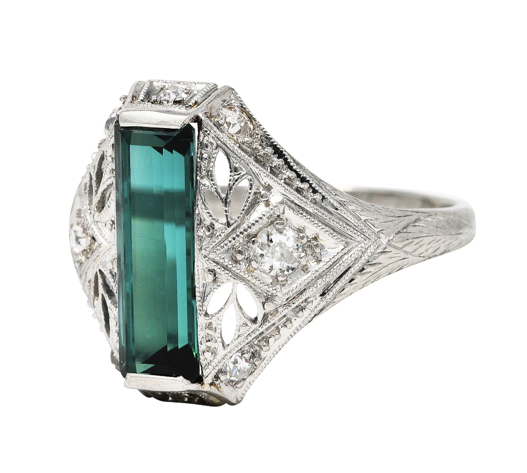 Art Deco Green Tourmaline Diamond Platinum Dinner RingRing - Wilson's Estate Jewelry