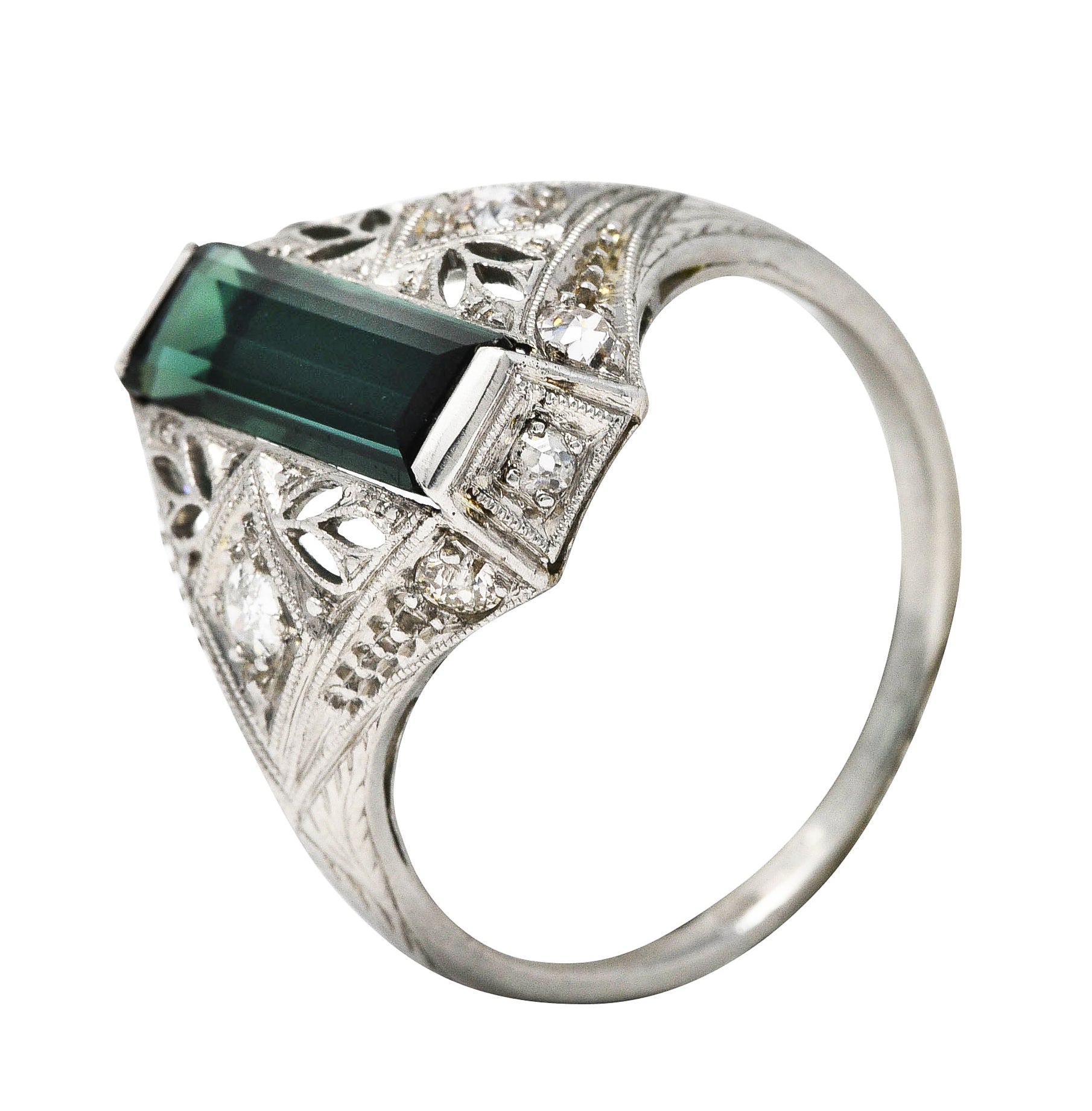 Art Deco Green Tourmaline Diamond Platinum Dinner RingRing - Wilson's Estate Jewelry