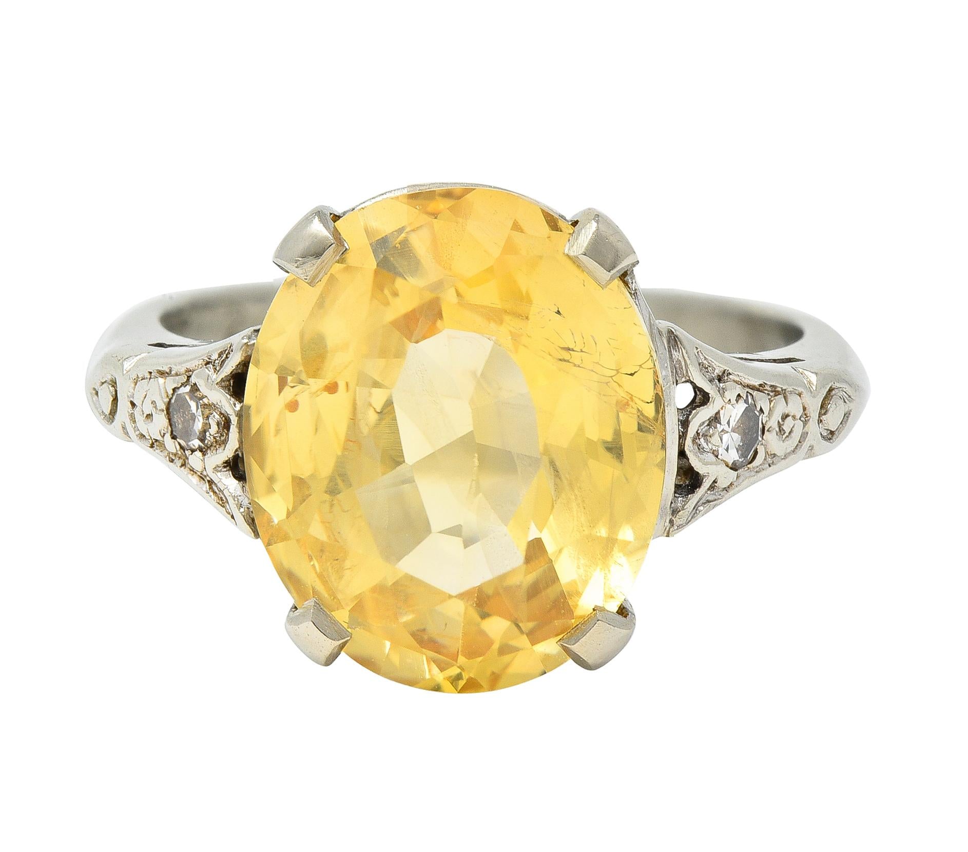 Art Deco 5.22 CTW Yellow Ceylon Sapphire Diamond 14 Karat Gold Antique Ring GIA