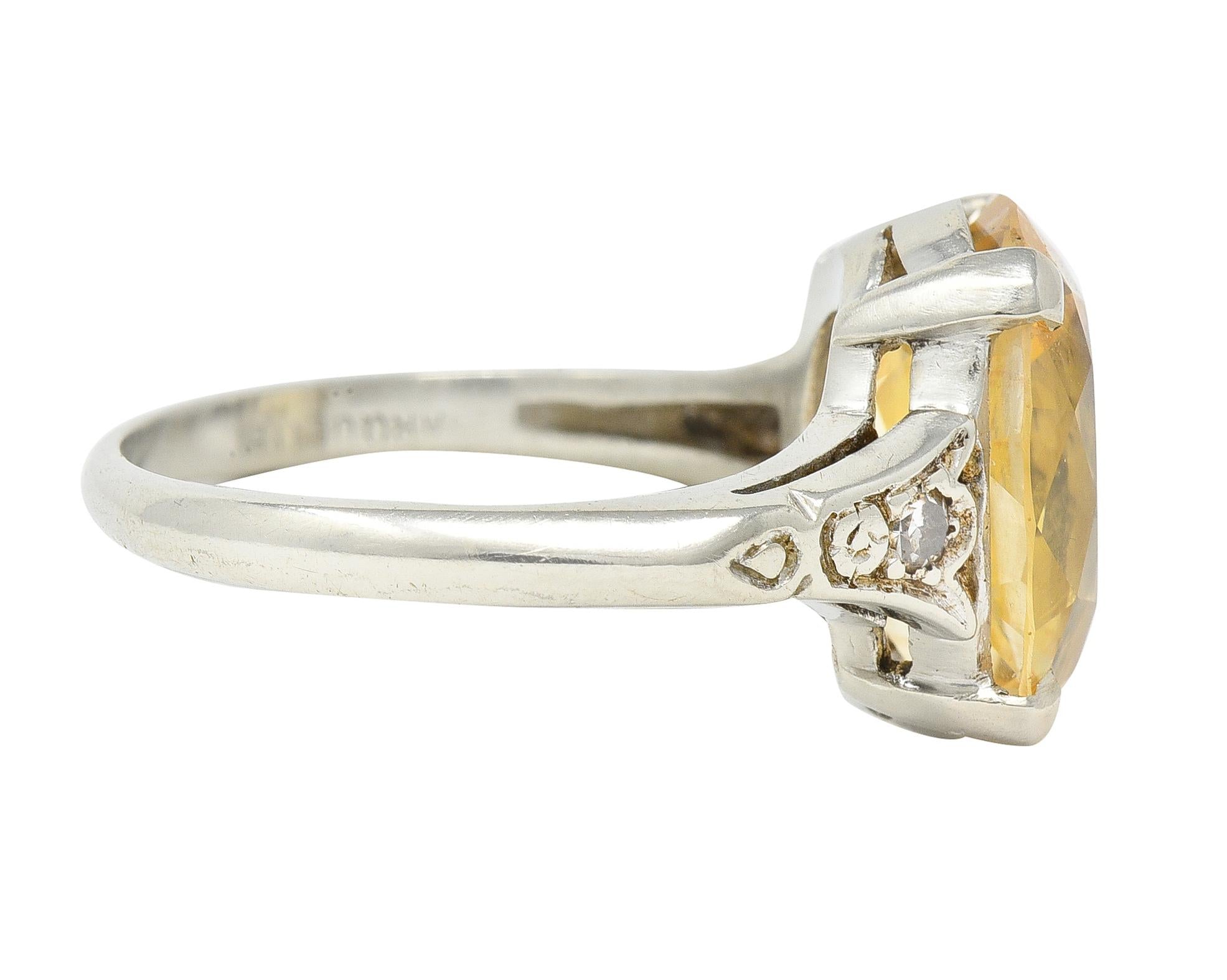 Art Deco 5.22 CTW Yellow Ceylon Sapphire Diamond 14 Karat Gold Antique Ring GIA