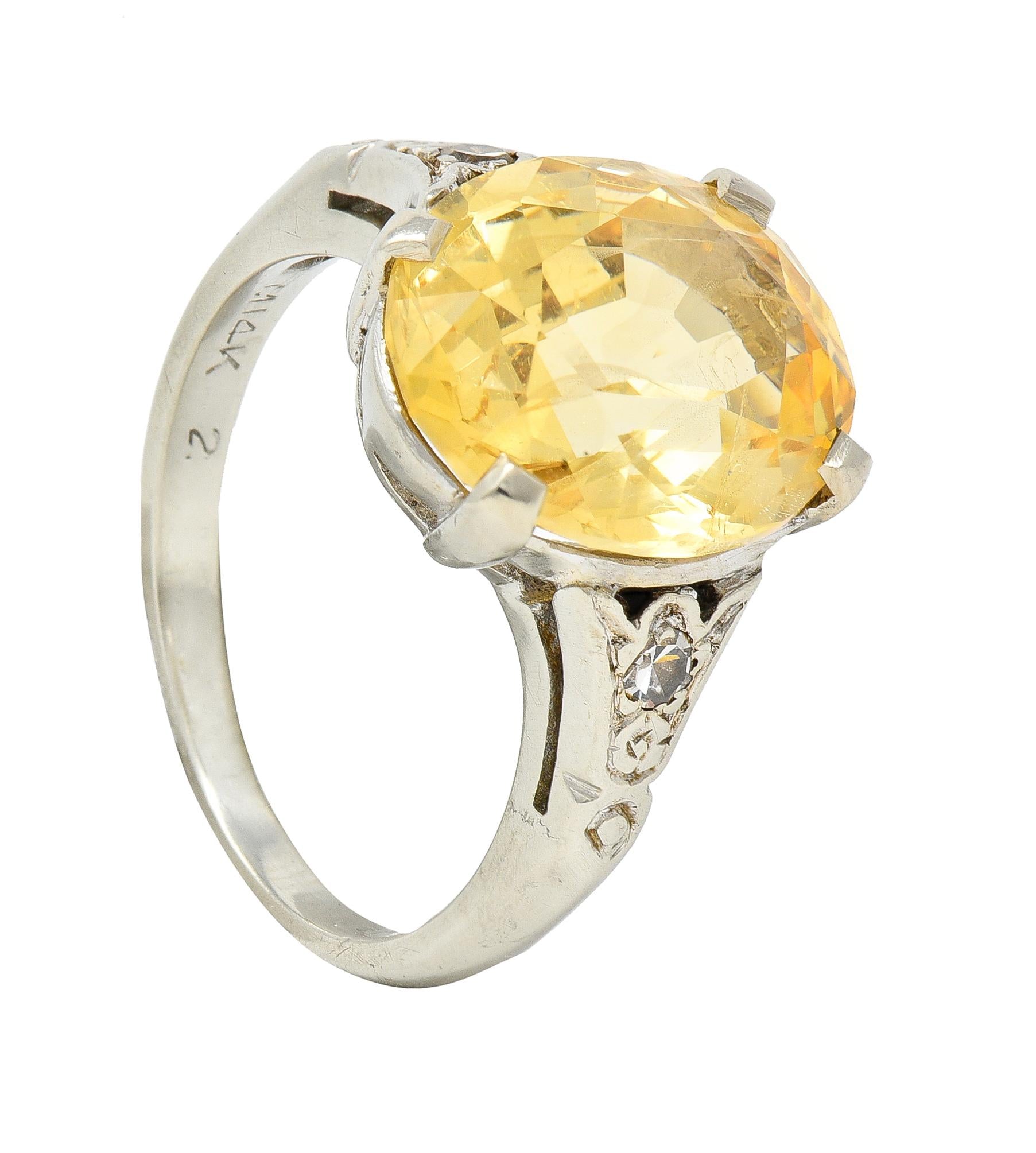 Art Deco 5.22 CTW Yellow Ceylon Sapphire Diamond 14 Karat Gold Antique Ring GIA