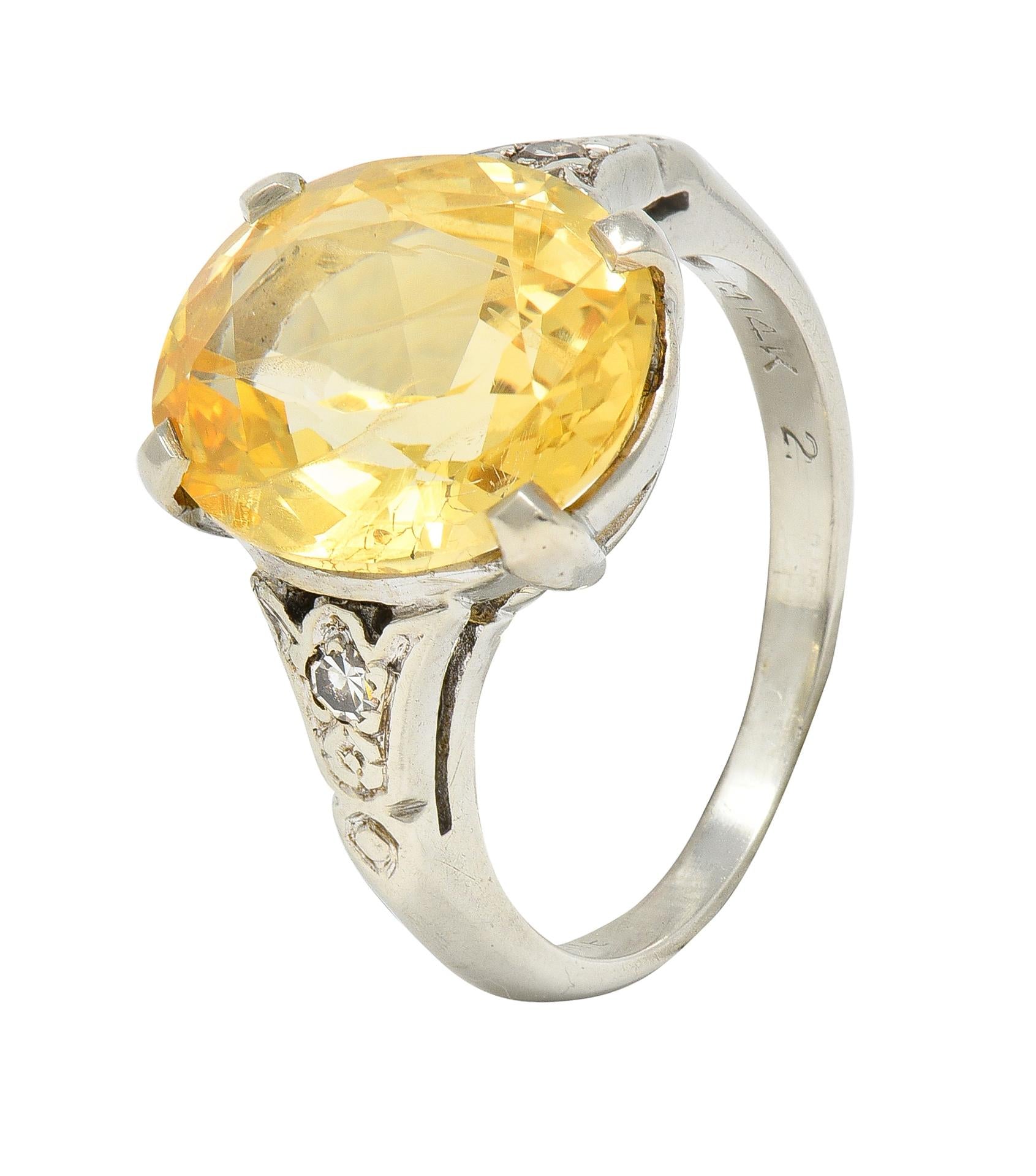 Art Deco 5.22 CTW Yellow Ceylon Sapphire Diamond 14 Karat Gold Antique Ring GIA
