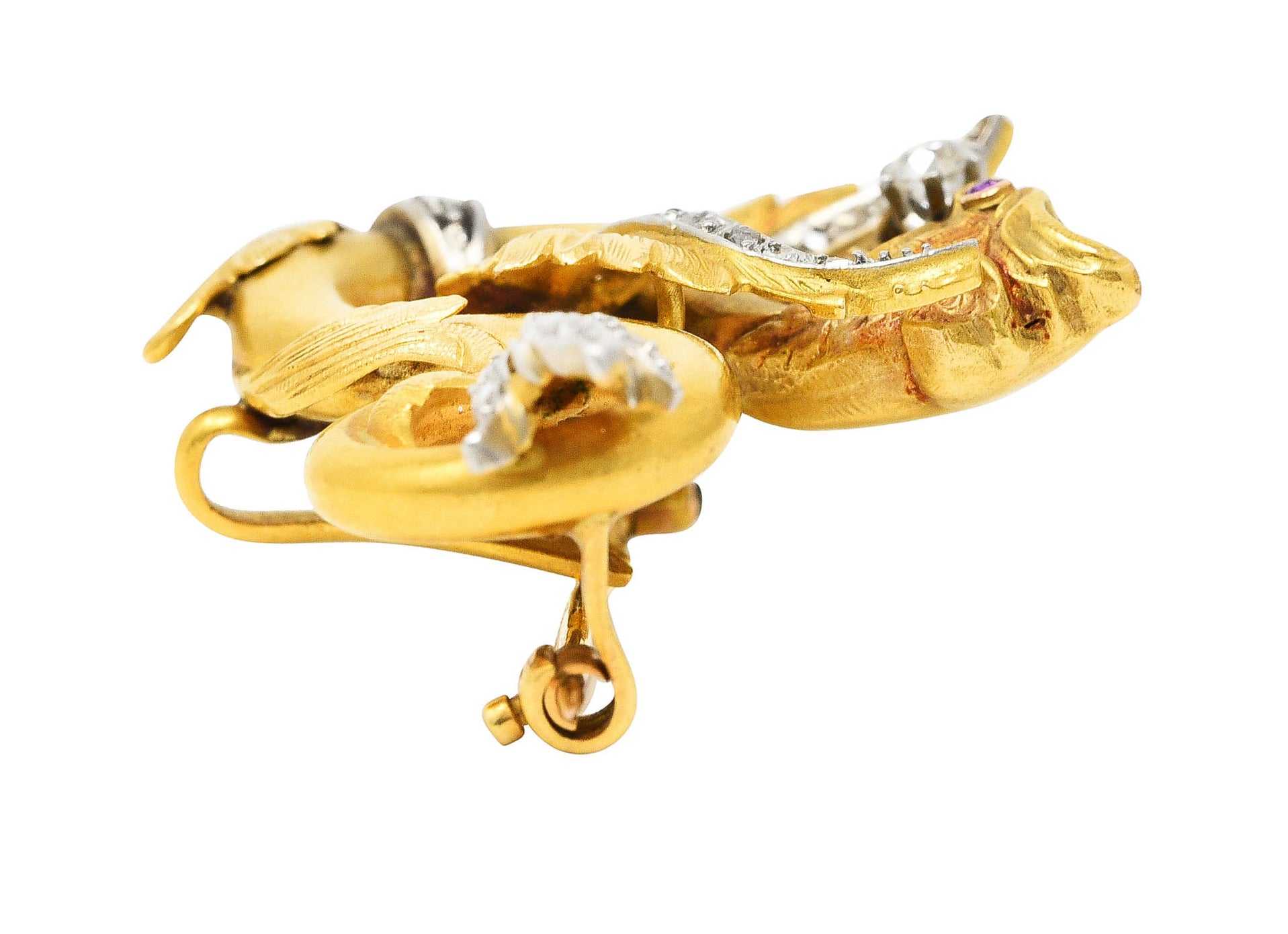 .11111 Art Nouveau Diamond Ruby Platinum-Topped 14 Karat Yellow Gold Scrolling Dragon Antique Pendant Brooch Wilson's Estate Jewelry