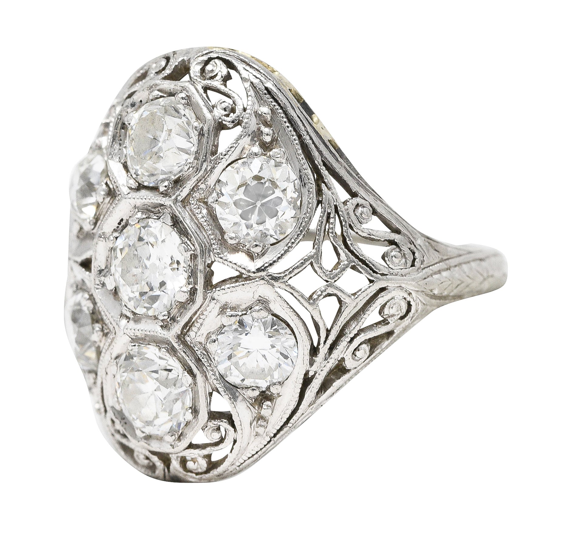 Edwardian 1.93 CTW Old European Cut Diamond Platinum Scrolling Antique Clustered Dinner Ring Wilson's Estate Jewelry