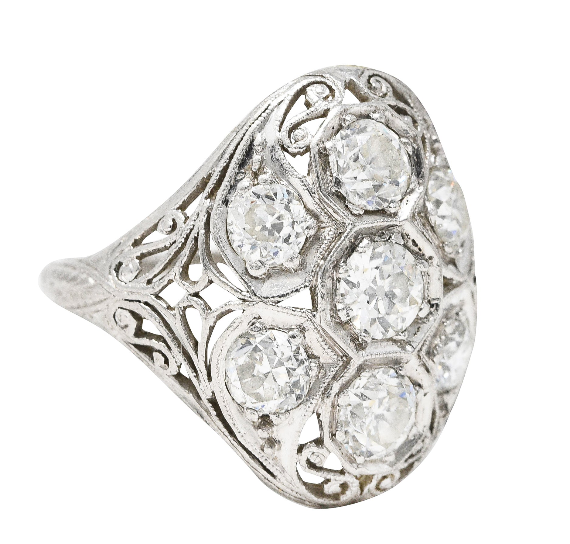 Edwardian 1.93 CTW Old European Cut Diamond Platinum Scrolling Antique Clustered Dinner Ring Wilson's Estate Jewelry
