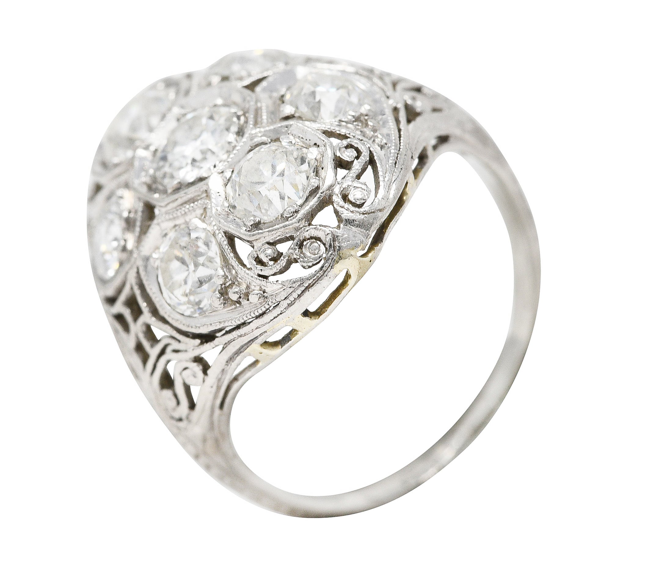 Edwardian 1.93 CTW Old European Cut Diamond Platinum Scrolling Antique Clustered Dinner Ring Wilson's Estate Jewelry
