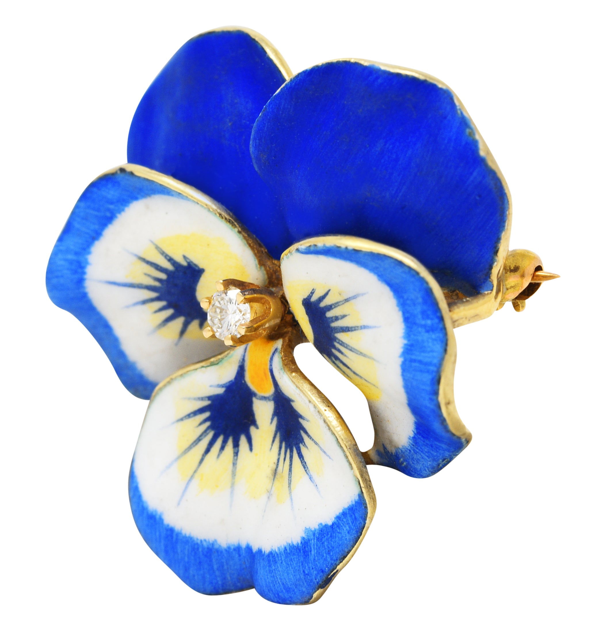 Crane & Theurer Art Nouveau Diamond Enamel 14 Karat Yellow Gold Pansy Antique Crane & Theurer Pendant Brooch Wilson's Estate Jewelry