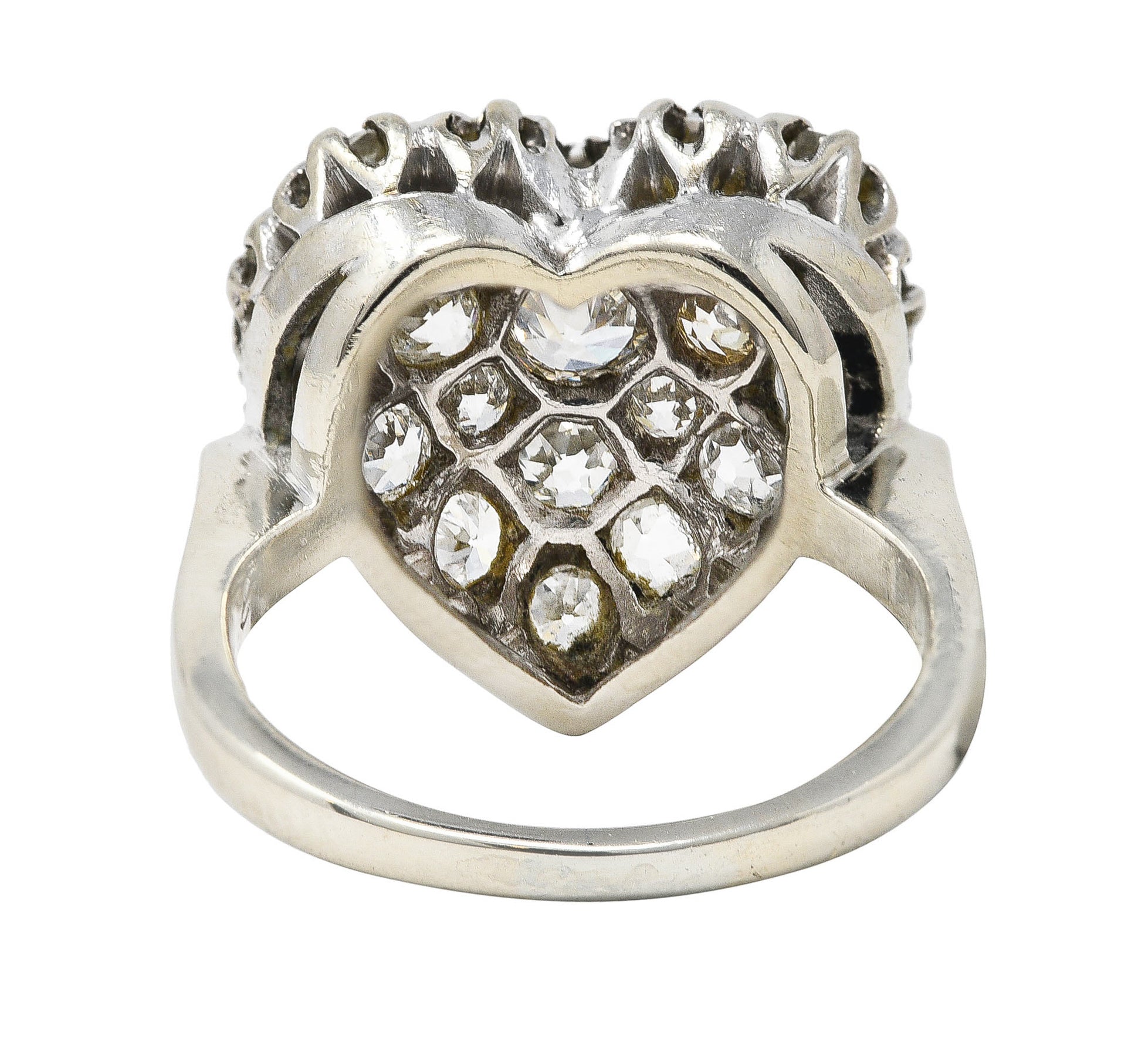 Edwardian 1.59 CTW Old Mine Cut Diamond 14 Karat White Gold Antique Heart Ring Wilson's Estate Jewelry