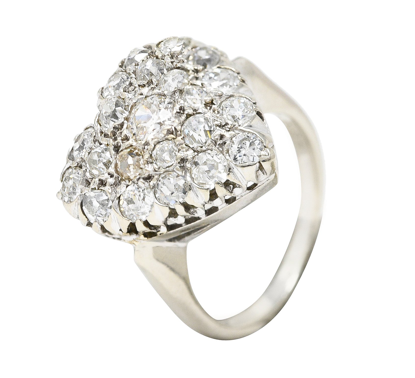 Edwardian 1.59 CTW Old Mine Cut Diamond 14 Karat White Gold Antique Heart Ring Wilson's Estate Jewelry