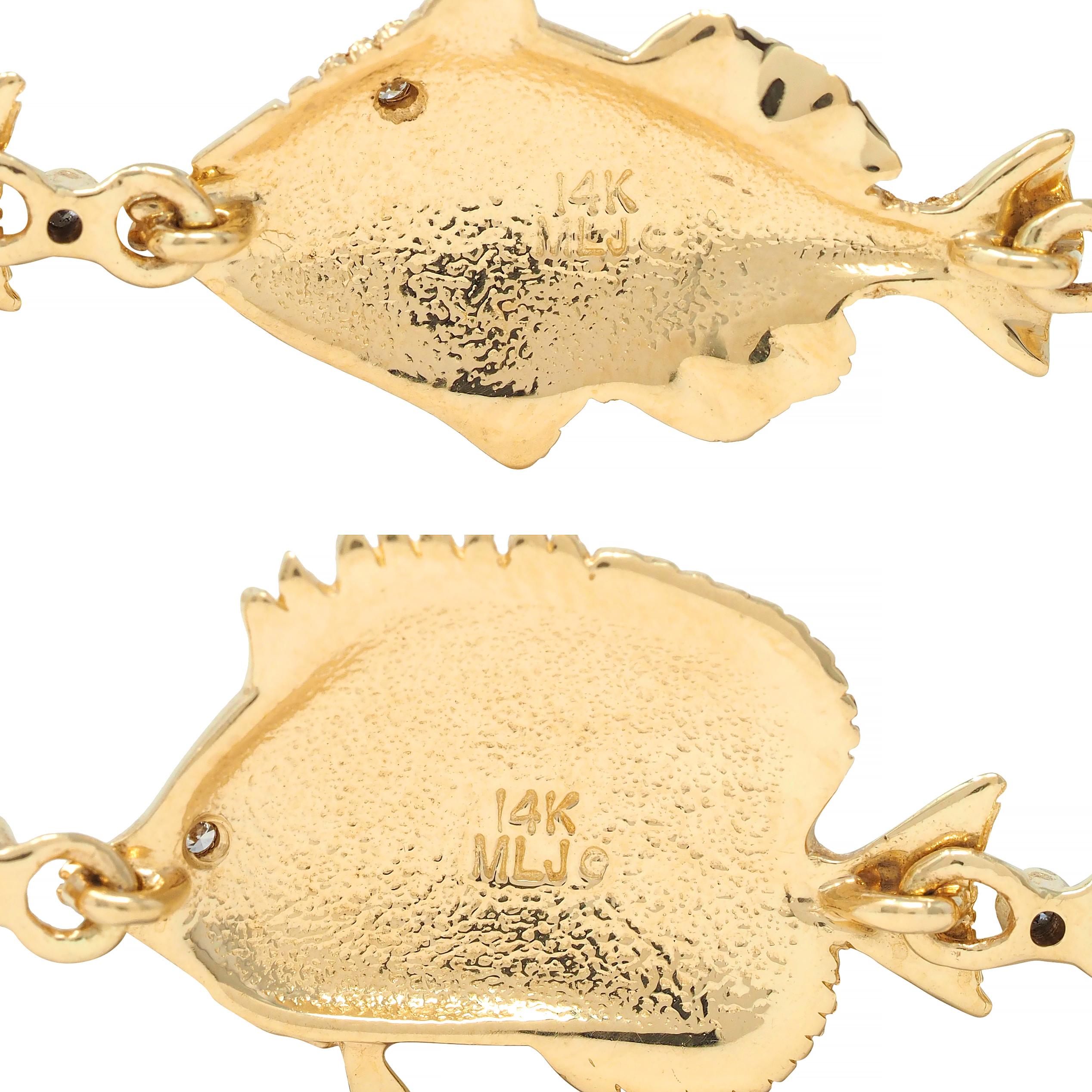 Vintage Diamond Enamel 14 Karat Yellow Gold Tropical Fish Link Bracelet