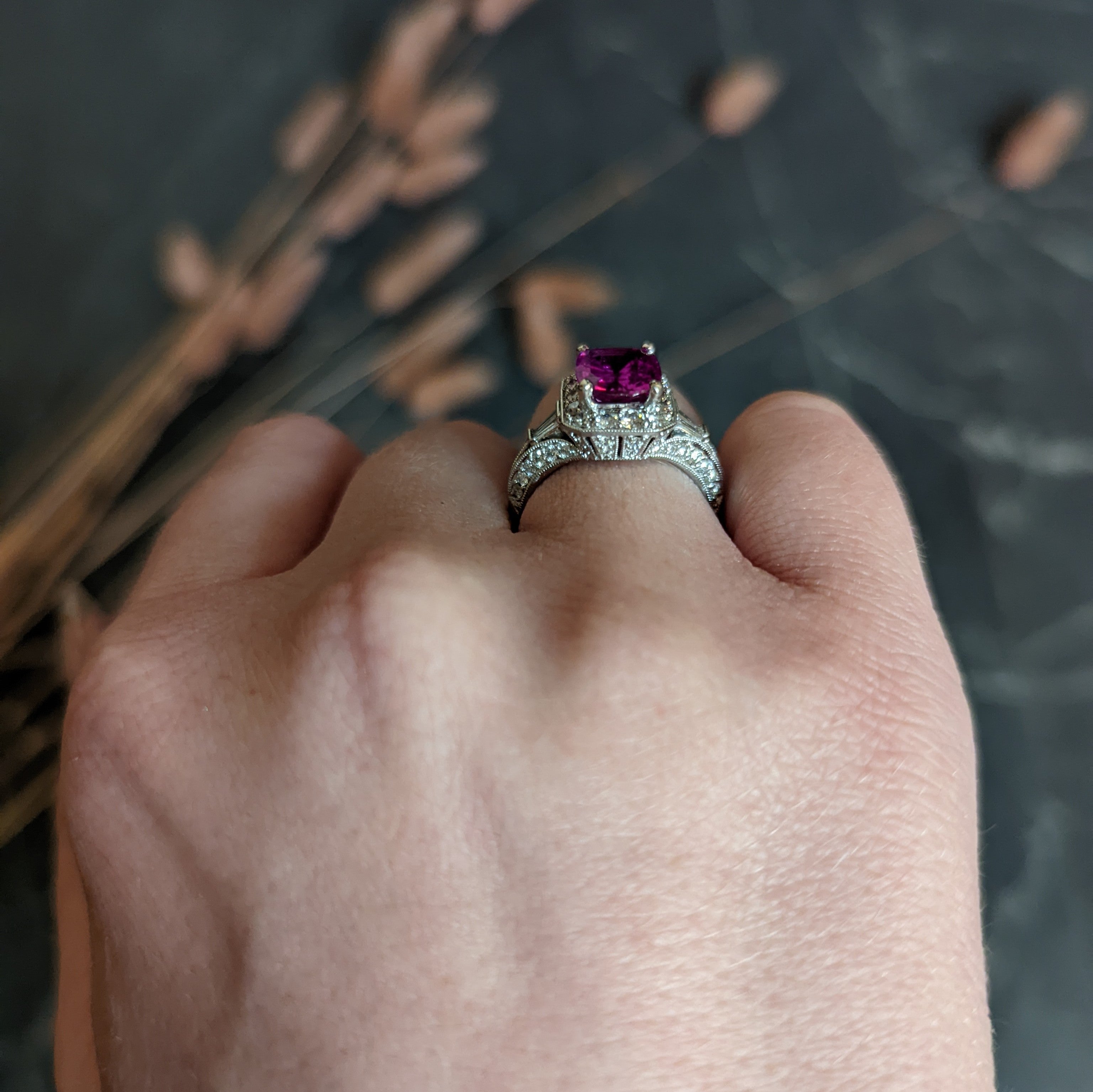 Contemporary 3.37 CTW Pink Sapphire Diamond 18 Karat White Gold Ring Wilson's Antique & Estate Jewelry