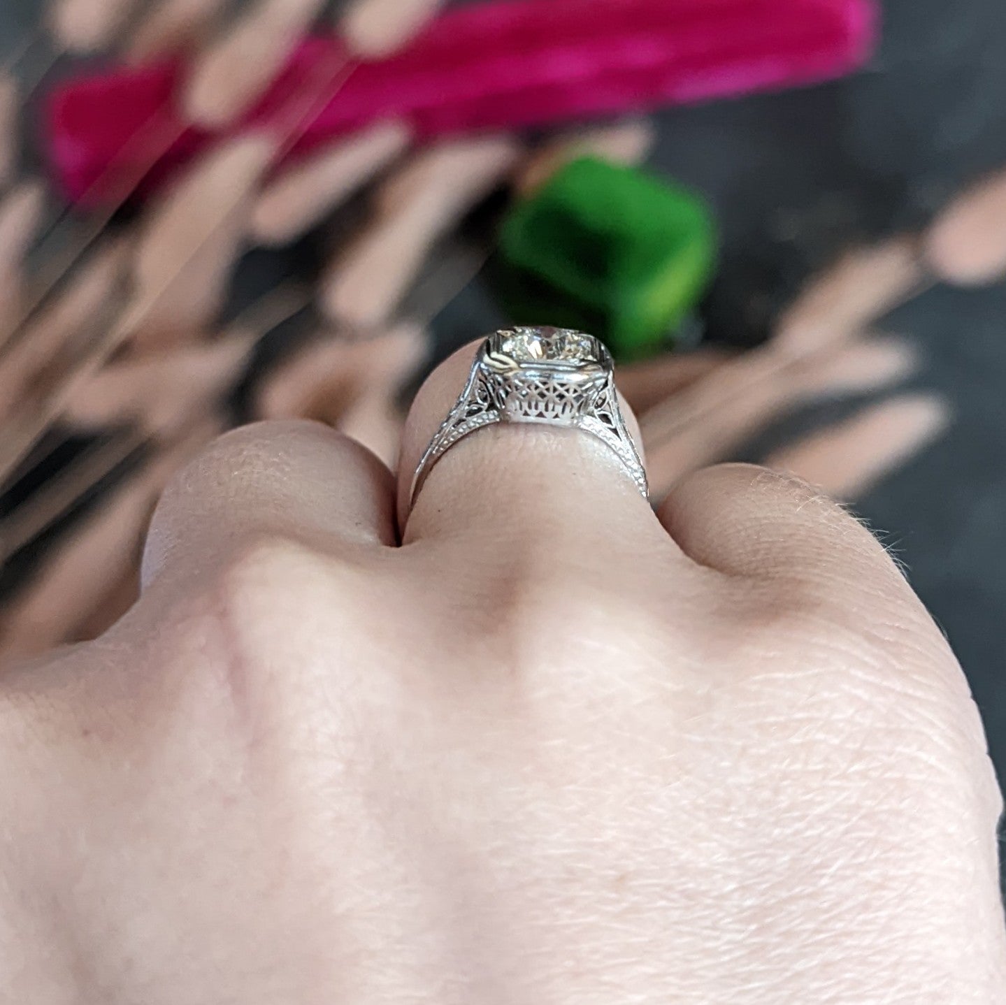 Art Deco 0.87 CTW Diamond Platinum Cushion Engagement Ring Wilson's Estate Jewelry
