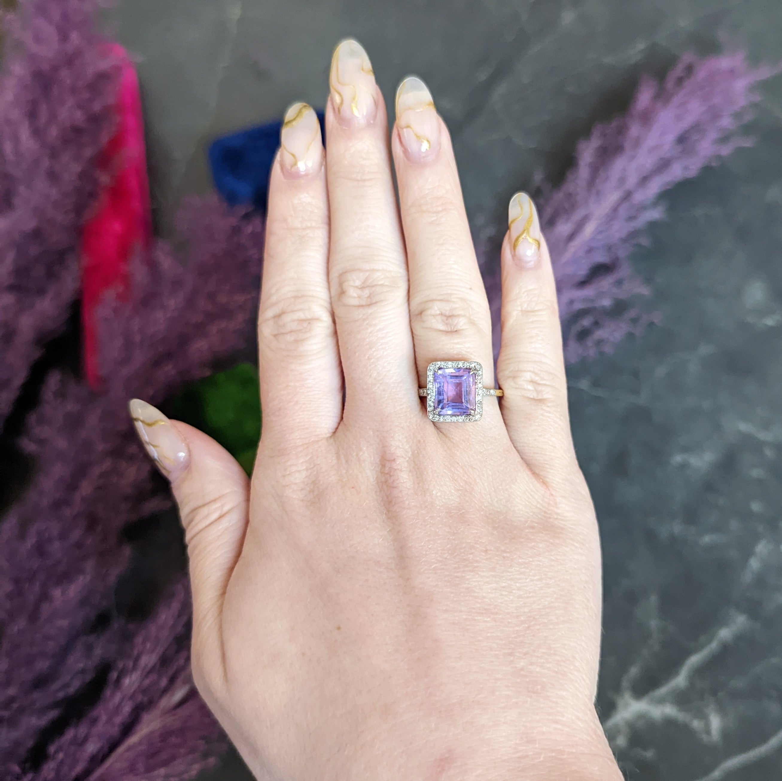 French Edwardian 5.24 CTW No Heat Lavender Sapphire Diamond Platinum 18 Karat Gold Ring Wilson's Antique & Estate Jewelry