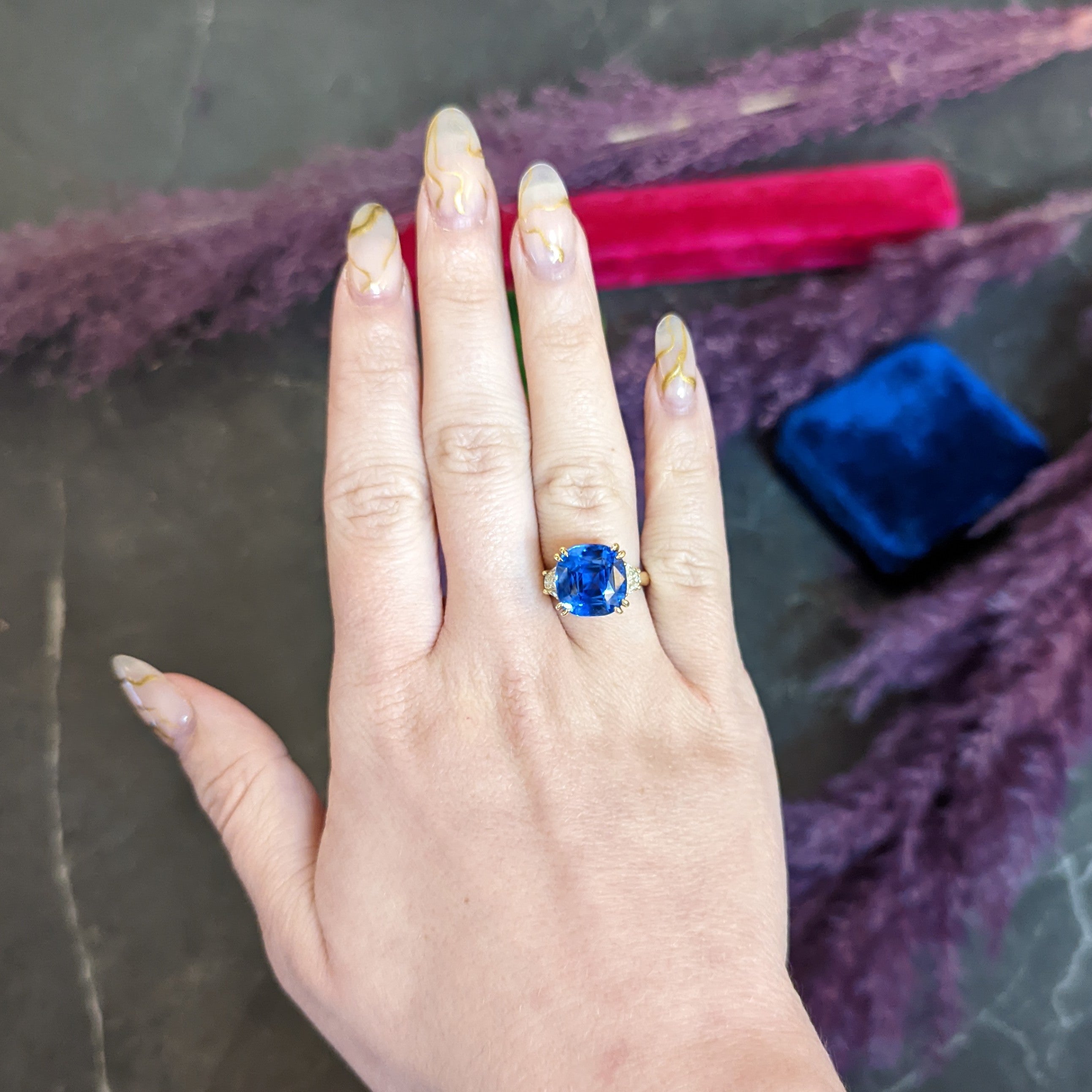 Vivid 11.25 CTW Ceylon No Heat Sapphire Diamond 14 Karat Gold Statement Ring AGL Wilson's Antique & Estate Jewelry