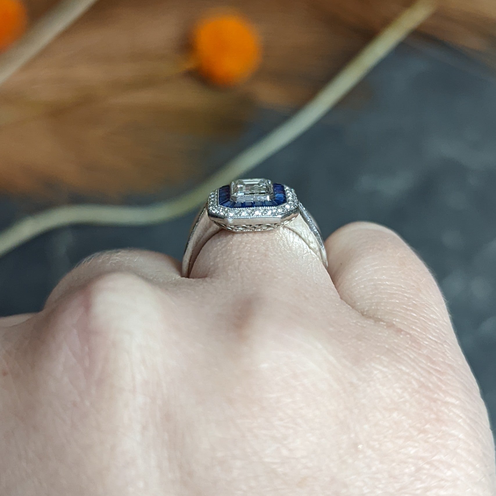 Vintage 2.20 CTW Emerald Cut Diamond Sapphire Platinum Halo Engagement Ring Wilson's Estate Jewelry