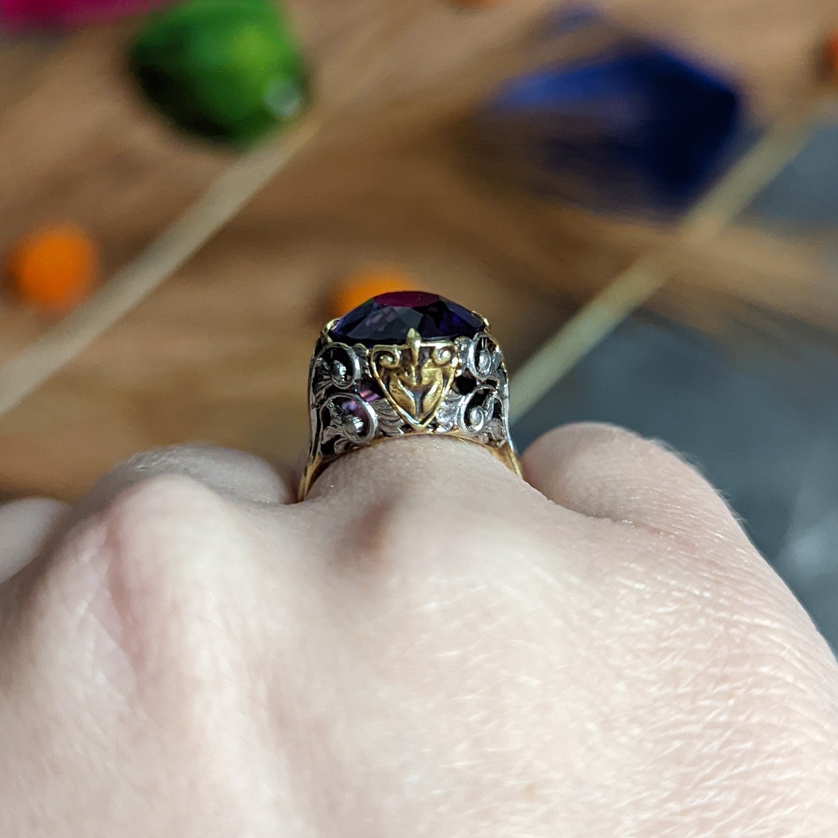 Allsopp-Steller Amethyst 14 Karat Two-Tone Gold Scrolled Foliate Ring Wilson's Estate Jewelry