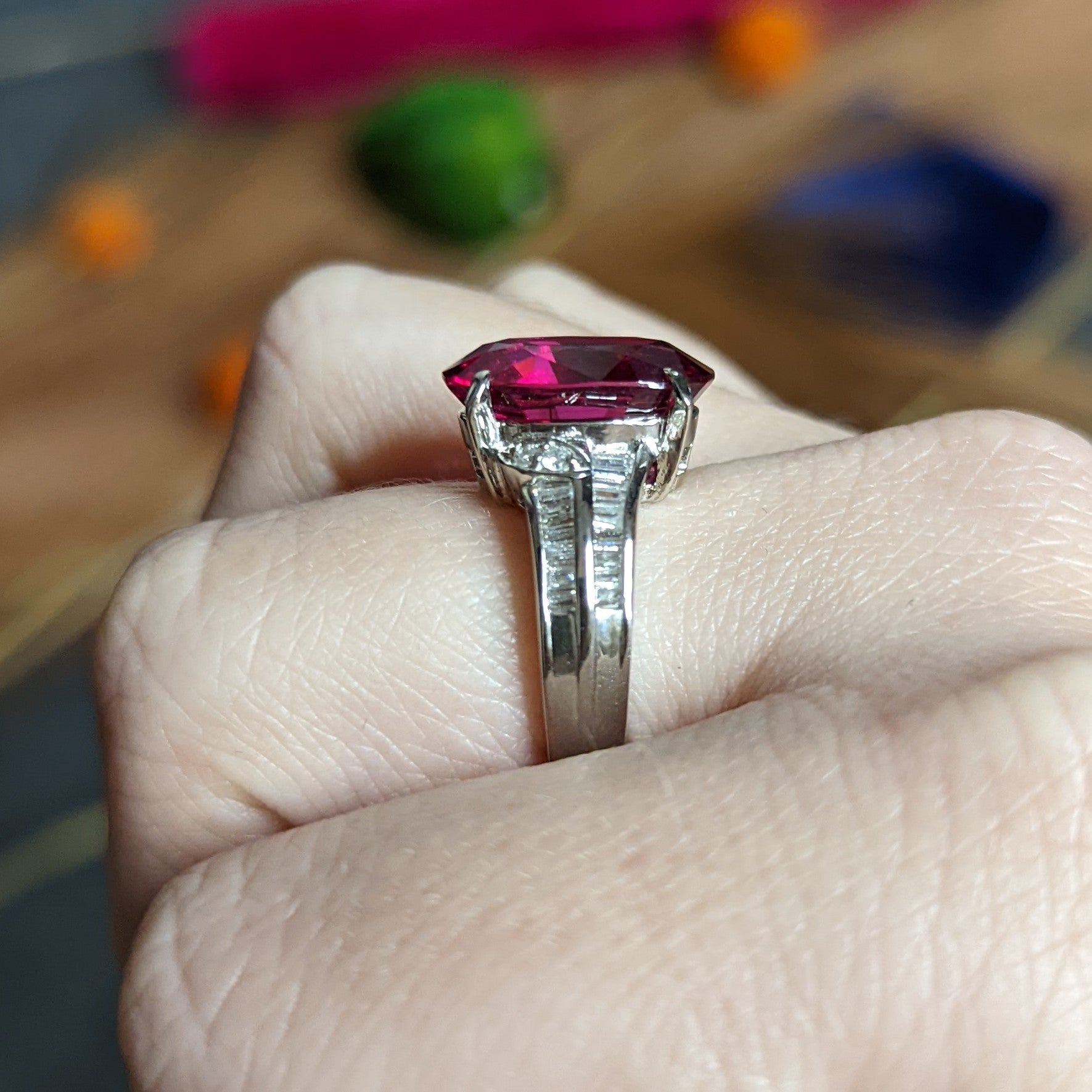 Contemporary 7.54 CTW Rubellite Tourmaline Diamond Platinum Cocktail Ring Wilson's Estate Jewelry