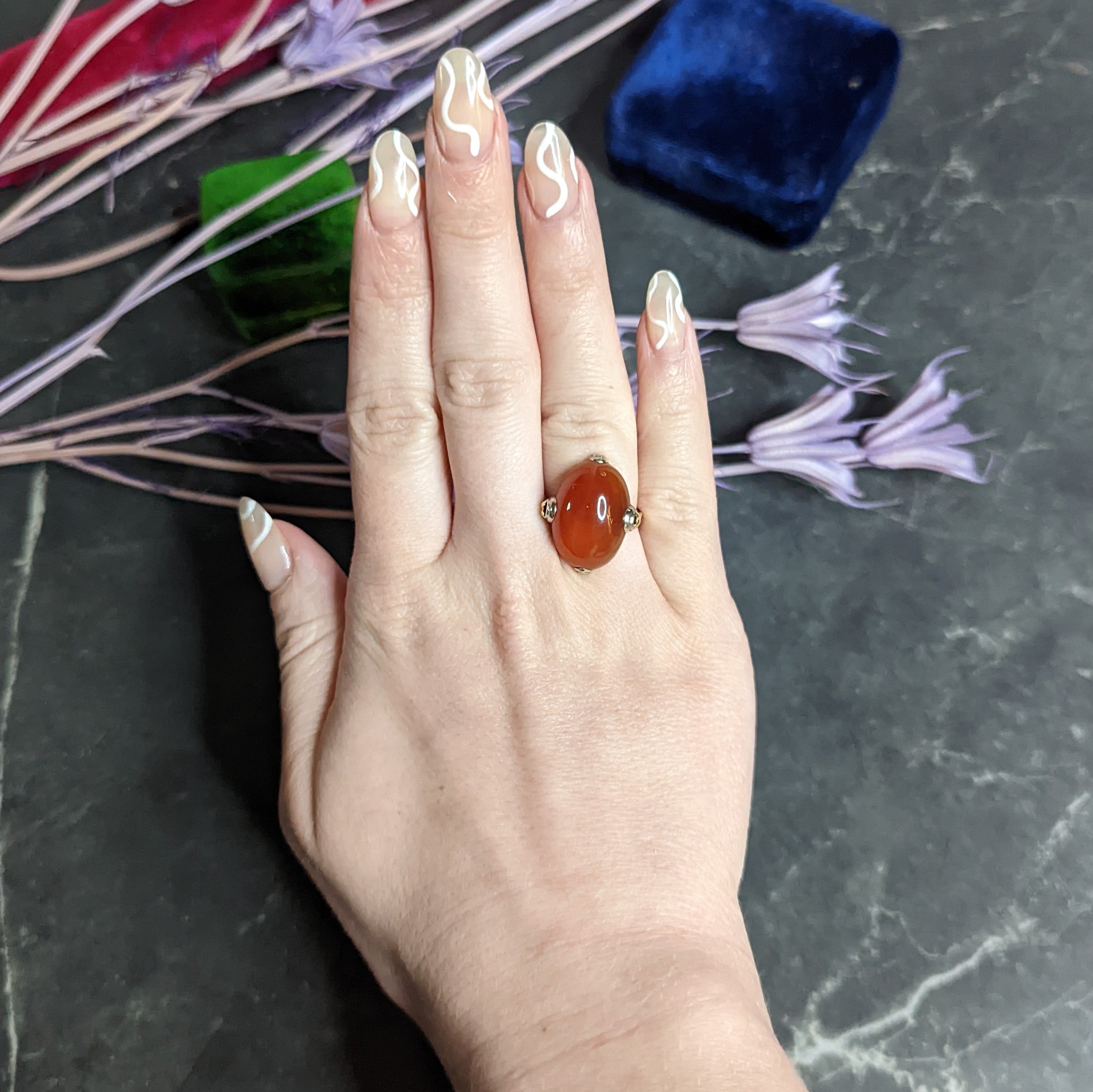 1920's Art Deco Carnelian Cabochon 14 Karat Two-Tone Gold Ring Wilson's Estate Jewelry