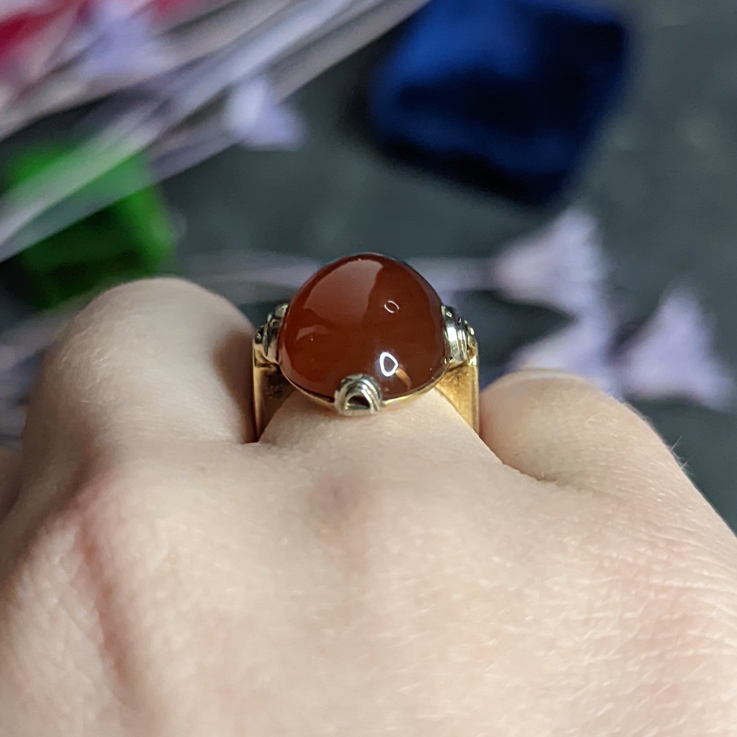 1920's Art Deco Carnelian Cabochon 14 Karat Two-Tone Gold Ring Wilson's Estate Jewelry