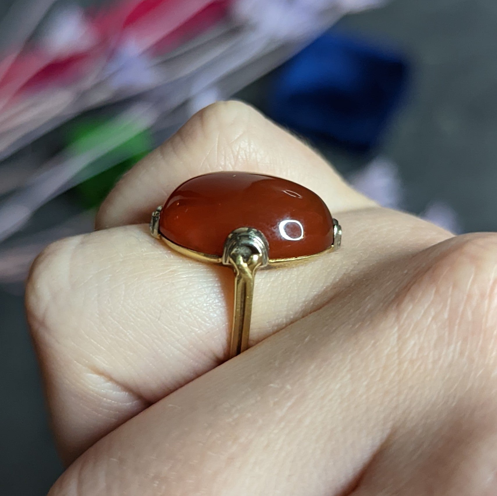 1920's Art Deco Carnelian Cabochon 14 Karat Two-Tone Gold Ring Wilson's Estate Jewelry